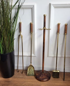 Italian Four-Piece Brass and Burl Vintage Fireplace Fire Tool Set with Stand