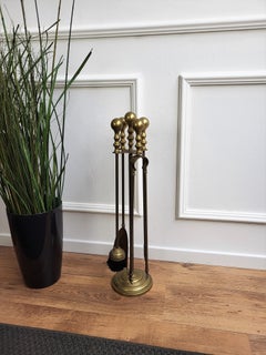 Italian Four-Piece Brass Vintage Fireplace Fire Tool Set with Stand