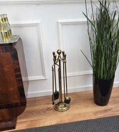 Italian Four-Piece Brass Vintage Fireplace Fire Tool Set with Stand
