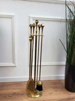 Italian Four-Piece Brass Vintage Fireplace Fire Tool Set with Stand