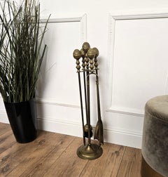 Italian Four-Piece Brass Vintage Fireplace Fire Tool Set with Stand