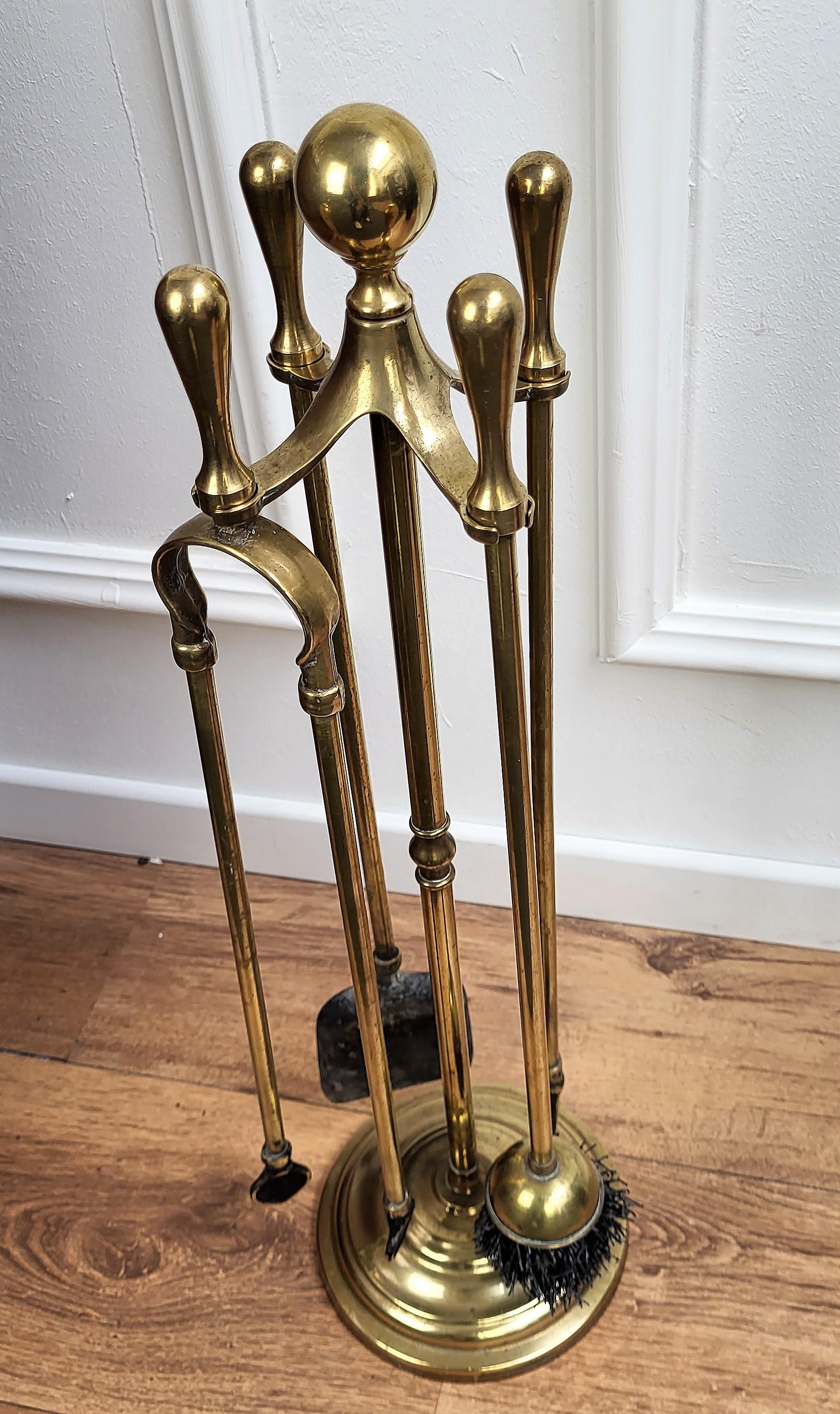 20th Century Italian Four-Piece Brass Vintage Fireplace Fire Tool Set with Stand