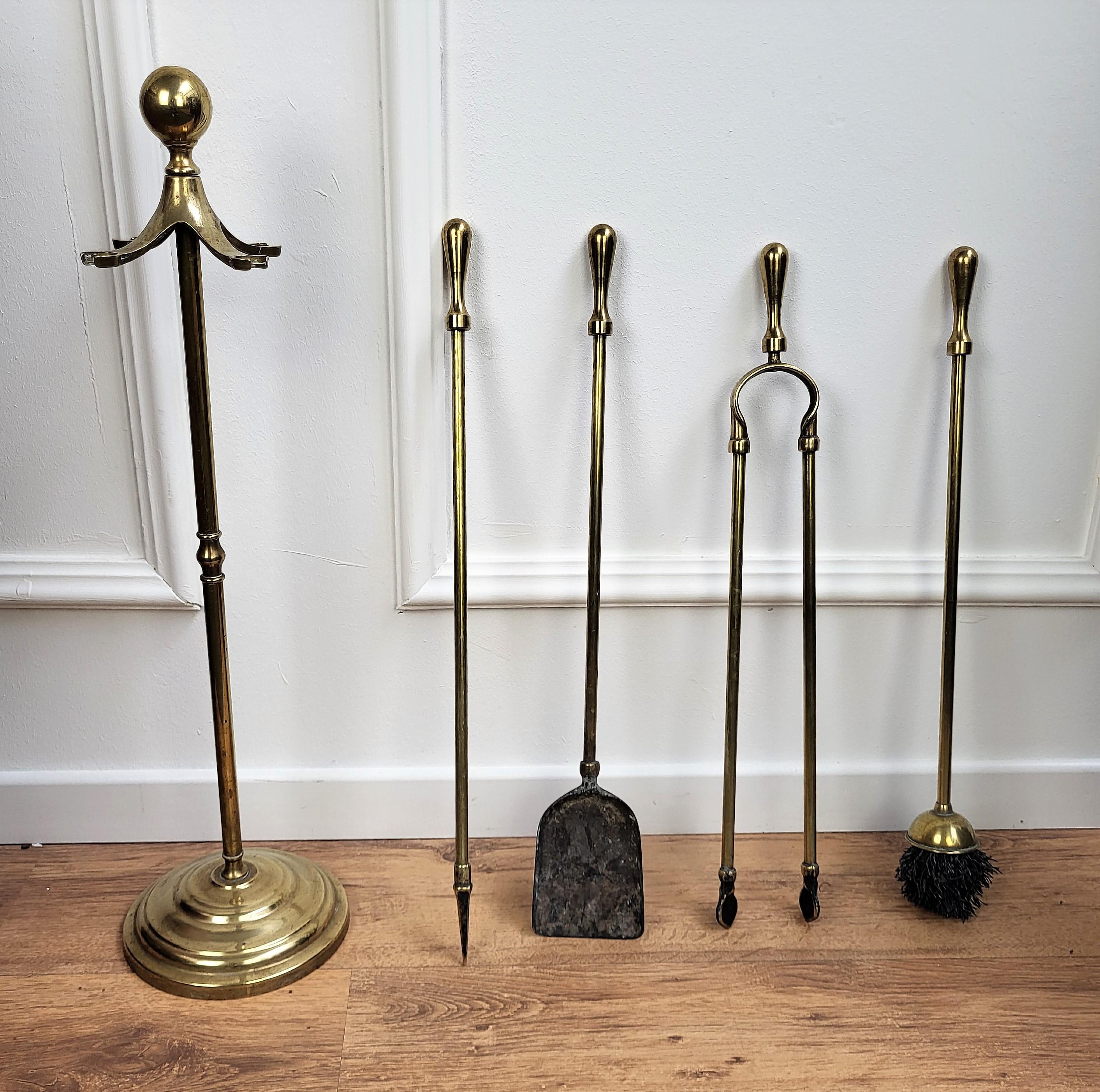 Italian Four-Piece Brass Vintage Fireplace Fire Tool Set with Stand 1