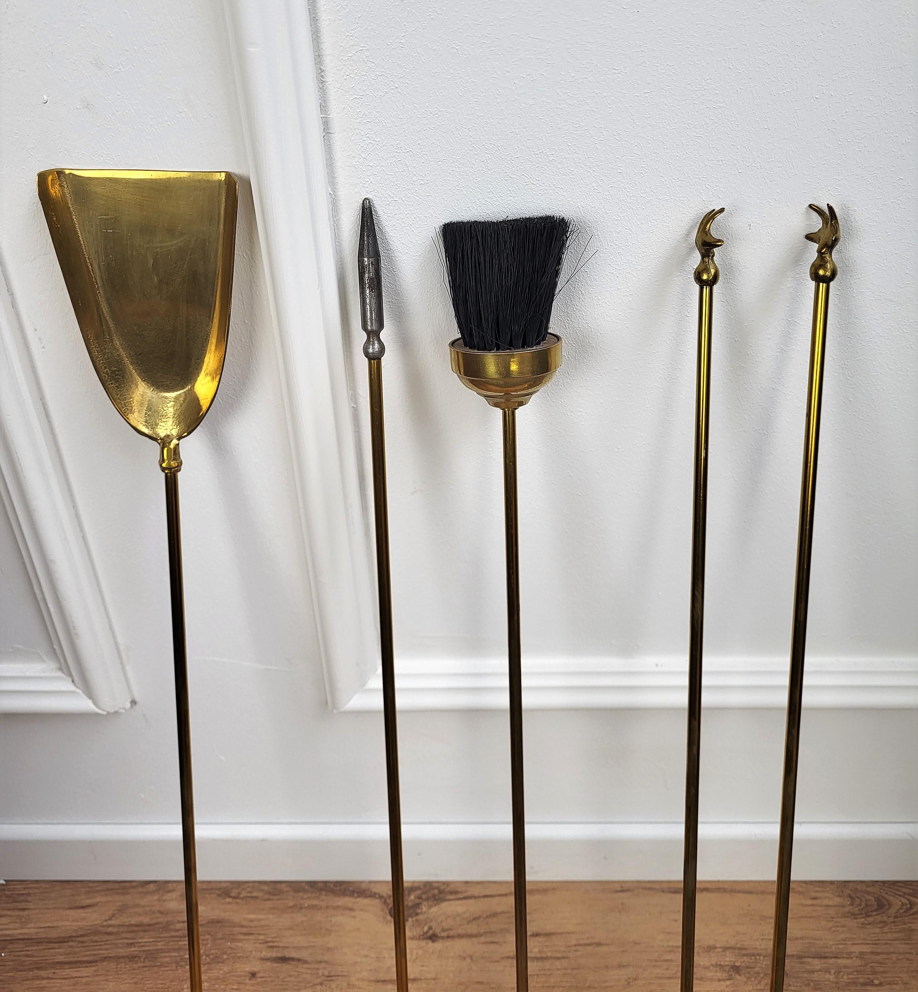 Italian Four-Piece Brass Vintage Fireplace Fire Tool Set with Stand 2