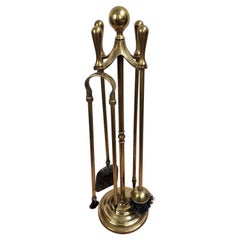 Italian Four-Piece Brass Vintage Fireplace Fire Tool Set with Stand