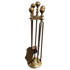 Italian Four-Piece Brass Vintage Fireplace Fire Tool Set with Stand