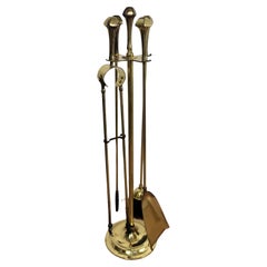 Italian Four-Piece Brass Vintage Fireplace Fire Tool Set with Stand