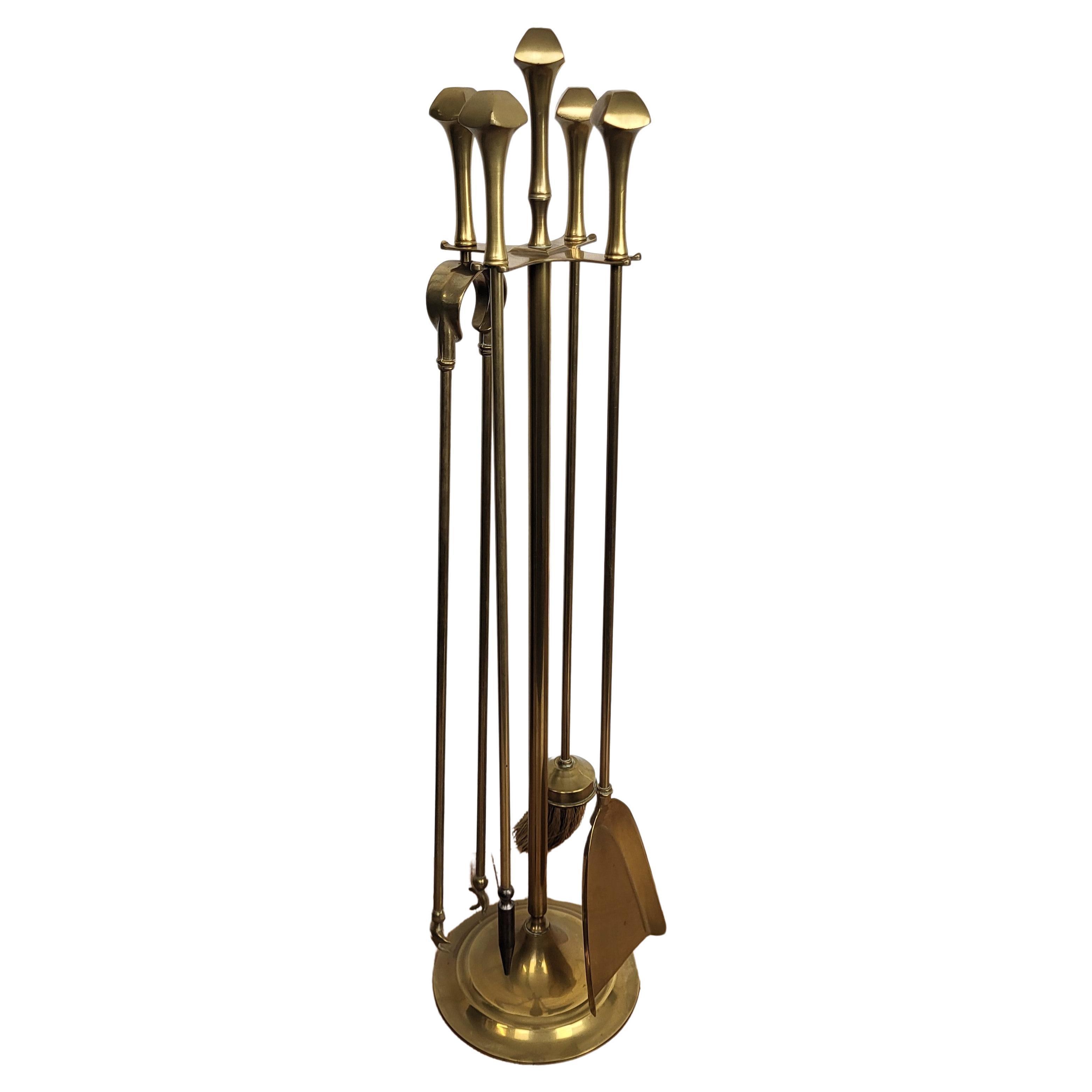 Italian Four-Piece Brass Vintage Fireplace Fire Tool Set with Stand For Sale