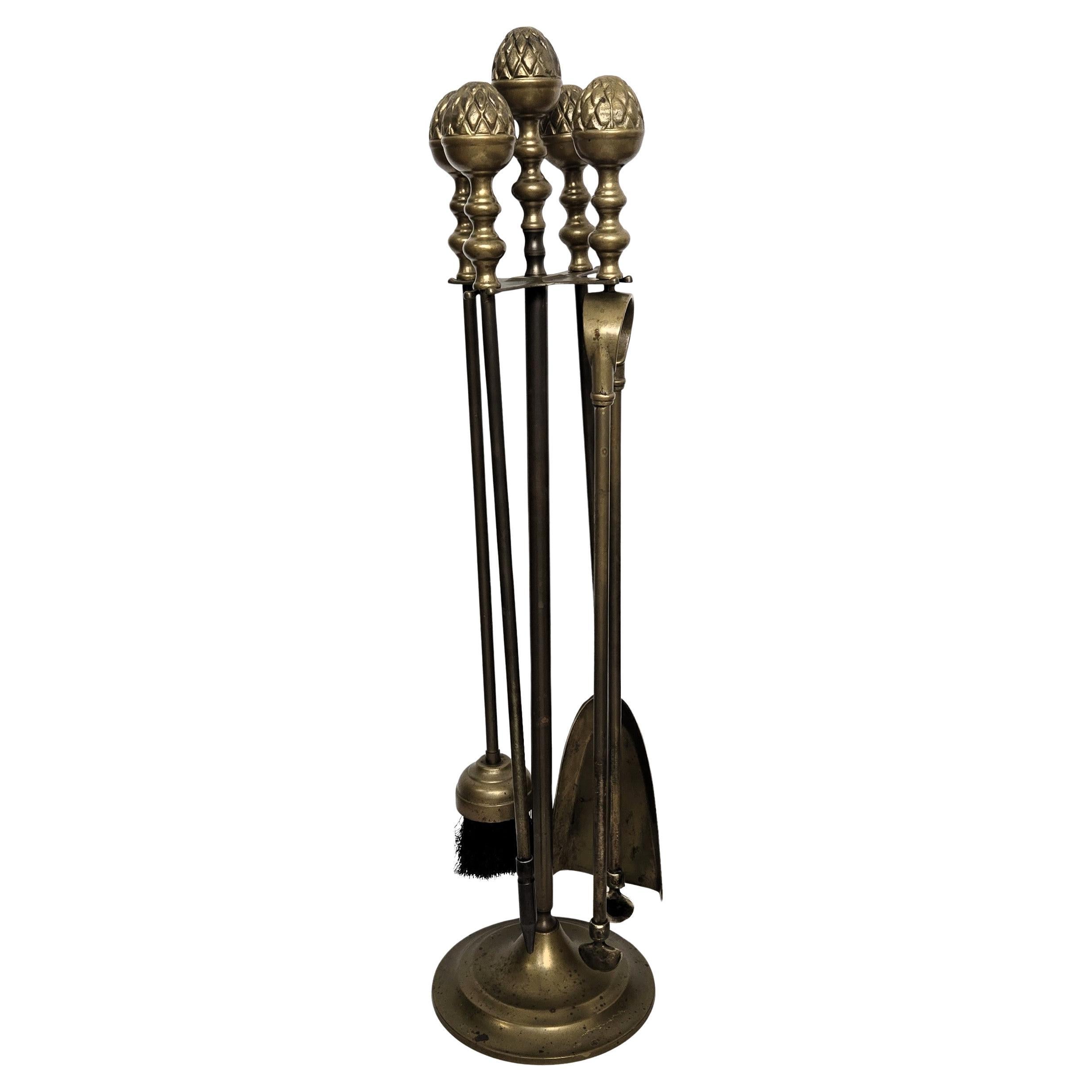 Italian Four-Piece Brass Vintage Fireplace Fire Tool Set with Stand