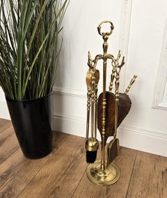 Italian Four-Pieces Brass Vintage Fireplace Fire Tool Set with Stand