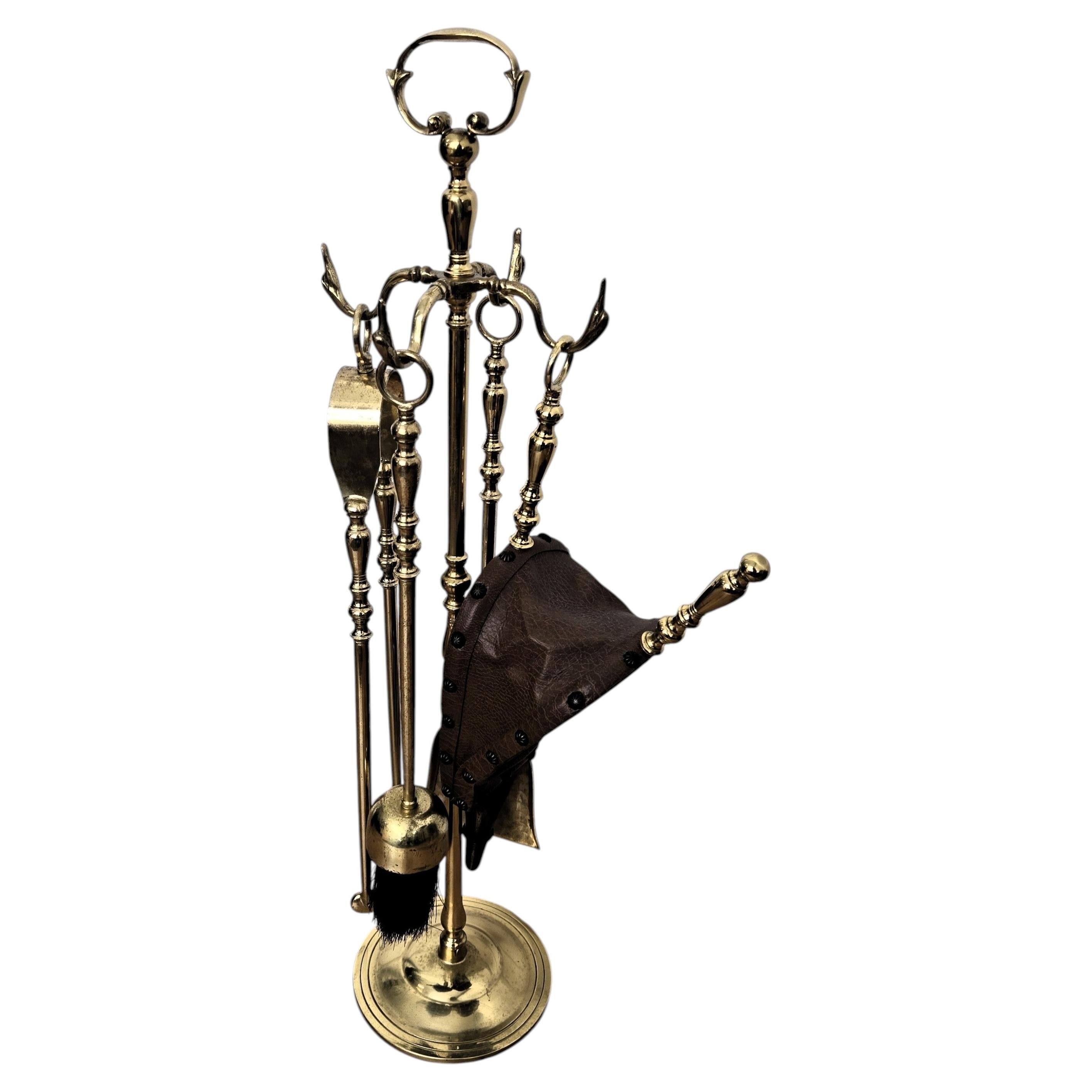 Italian Four-Pieces Brass Vintage Fireplace Fire Tool Set with Stand