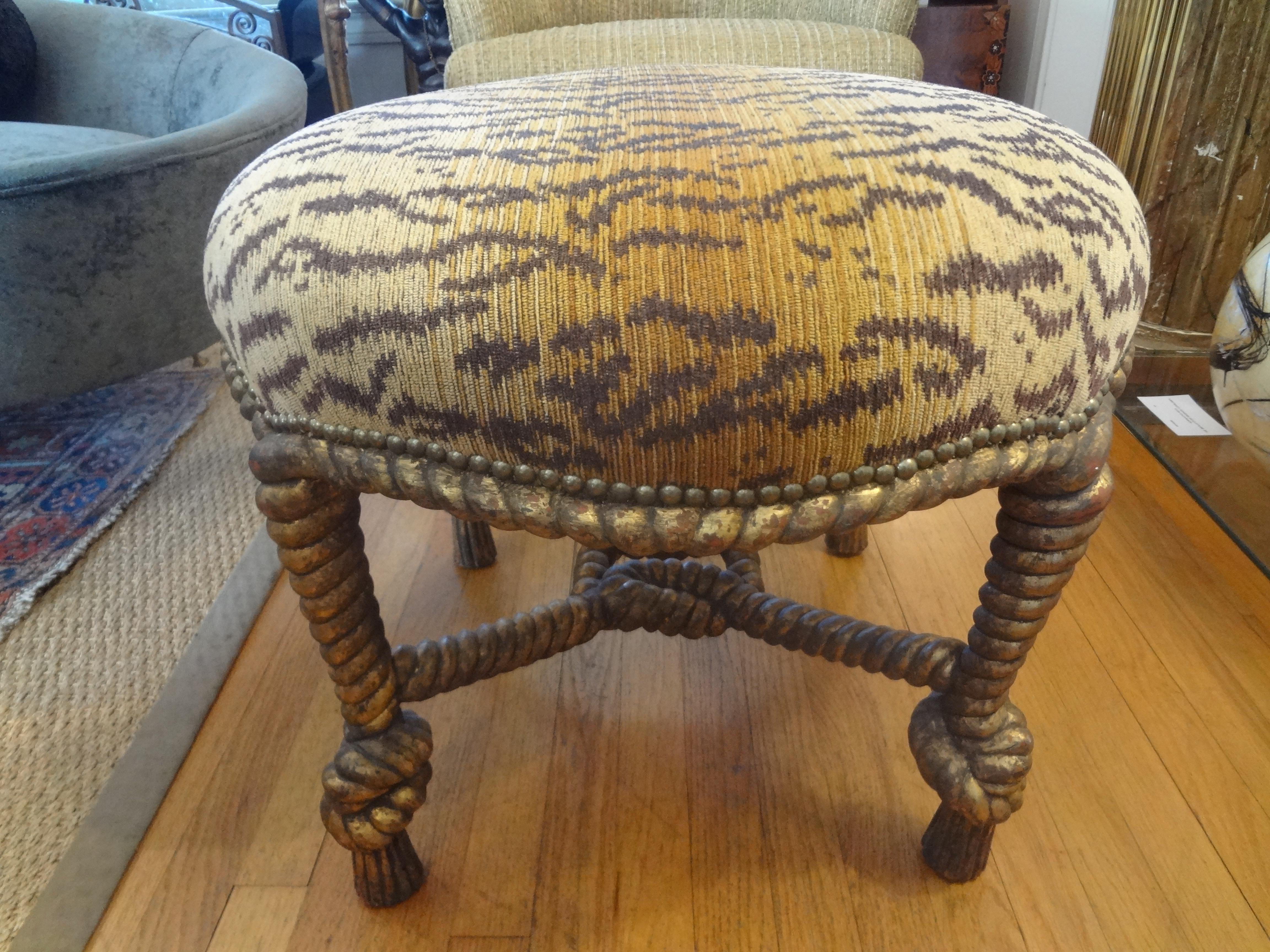 Louis XVI Italian Fournier Style Gilt Wood Knotted Rope and Tassel Ottoman
