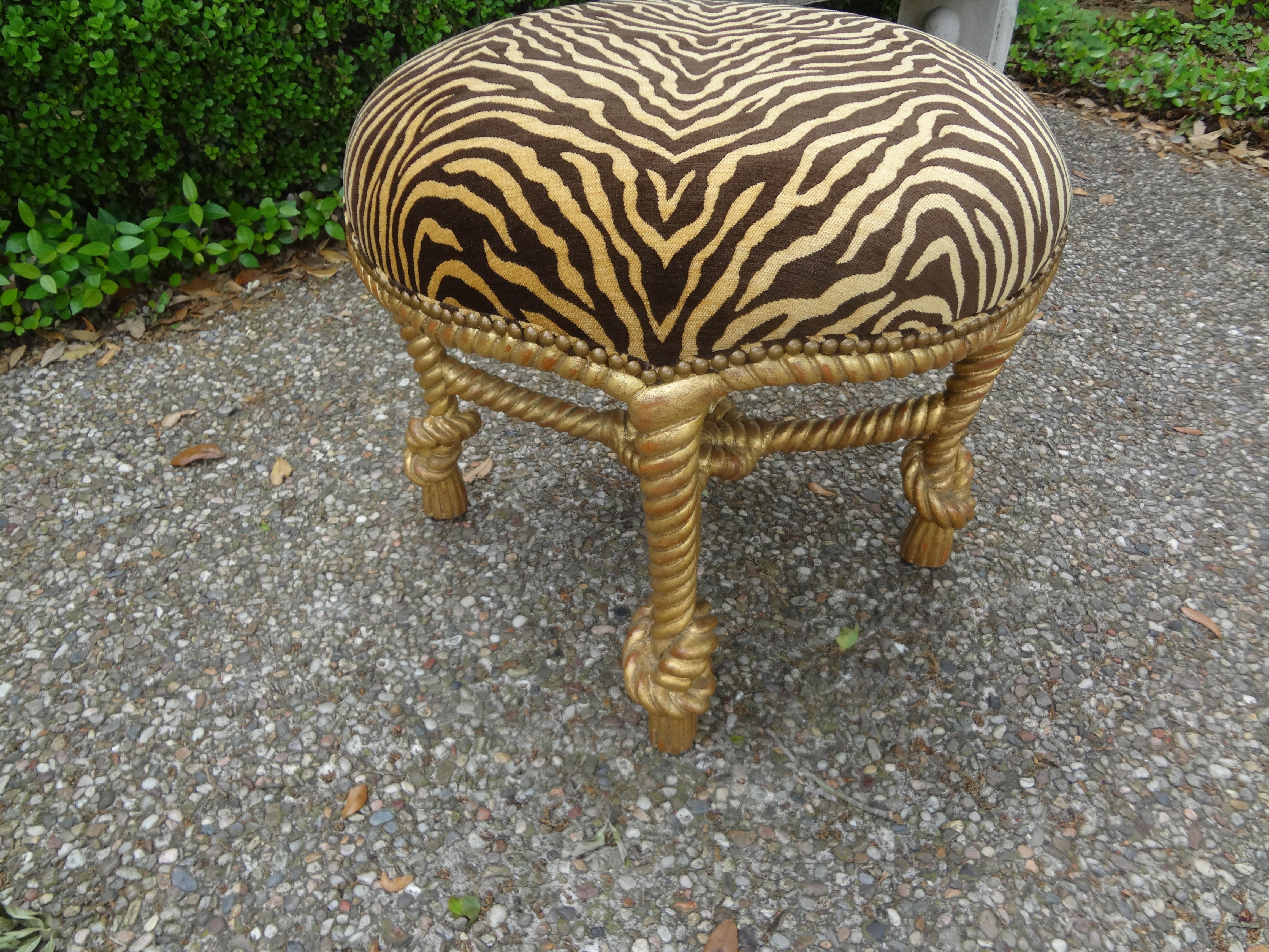 Mid-20th Century Italian Fournier Style Gilt Wood Knotted Rope and Tassel Ottoman