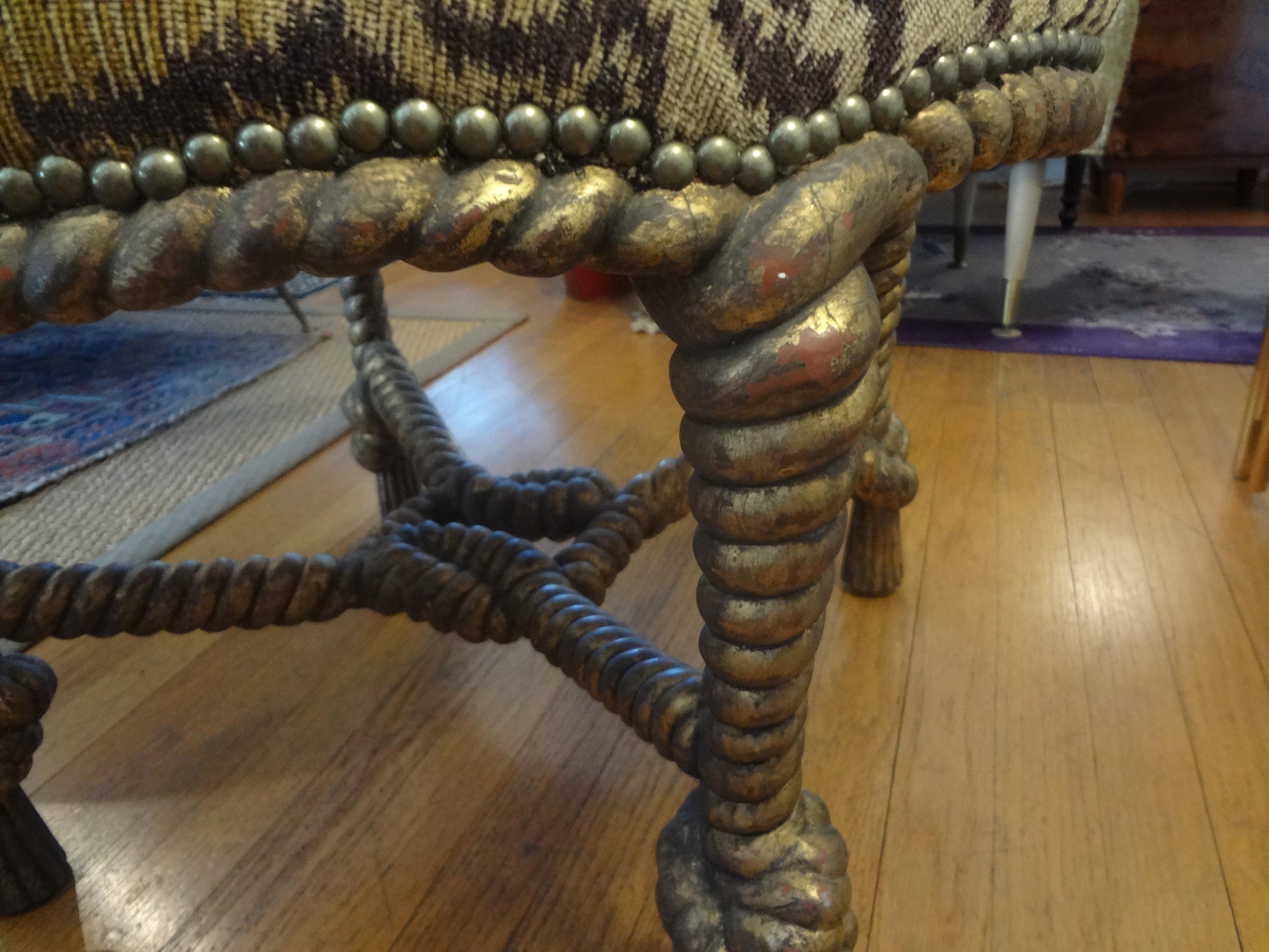 Italian Fournier Style Gilt Wood Knotted Rope and Tassel Ottoman 1