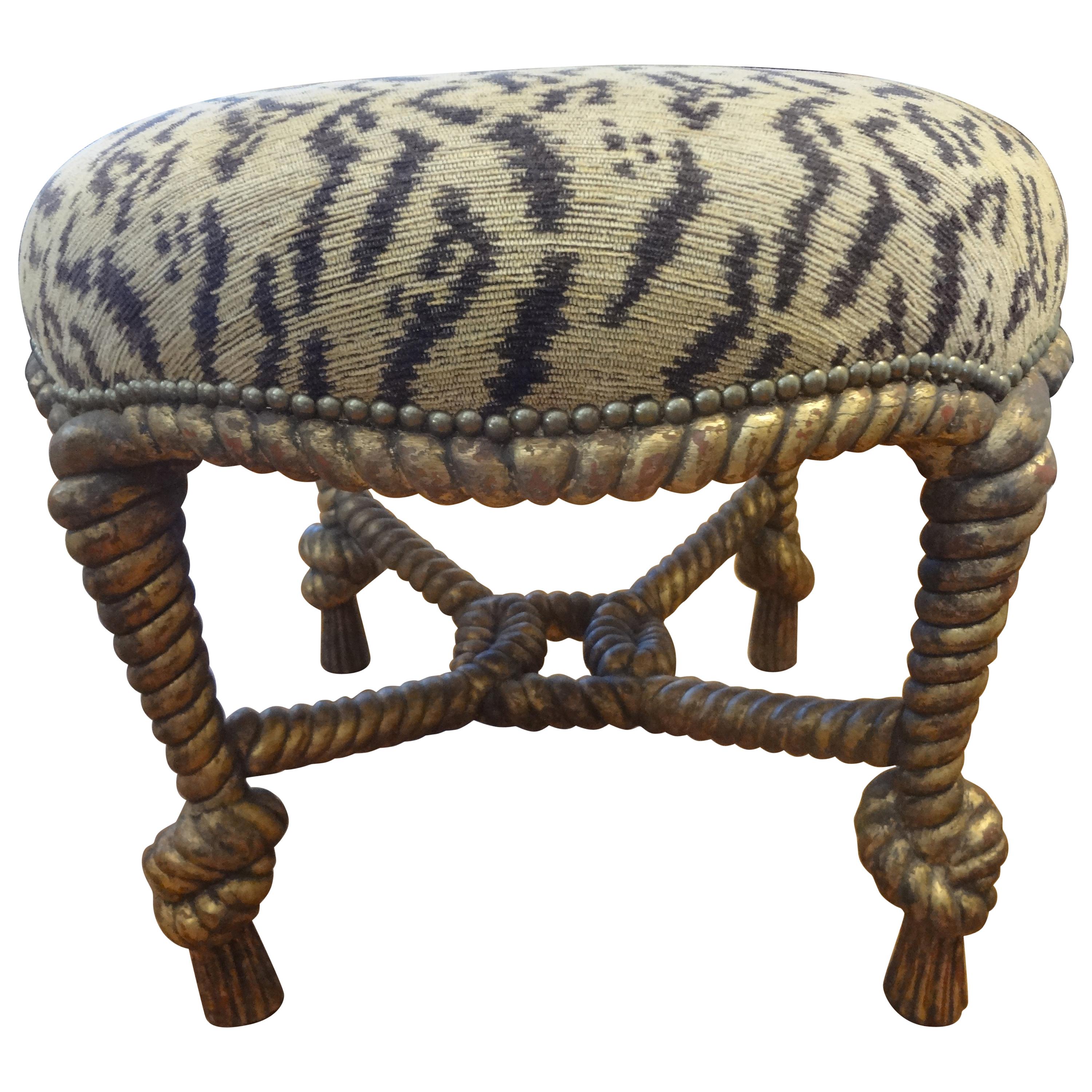 Italian Fournier Style Gilt Wood Knotted Rope and Tassel Ottoman