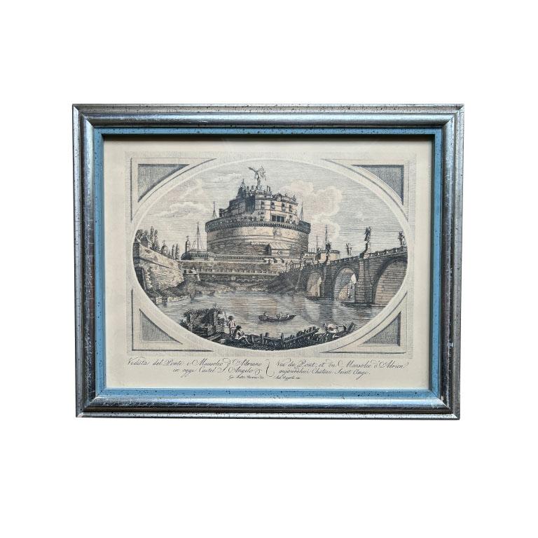 A pair of etchings or lithograph prints by Giovanni Battista Piranesi and Domenico Baldini. Each print features Italian ruins in black on a creamy paper. This set has been professionally framed by Borghese House. Each print is in a beautiful silver