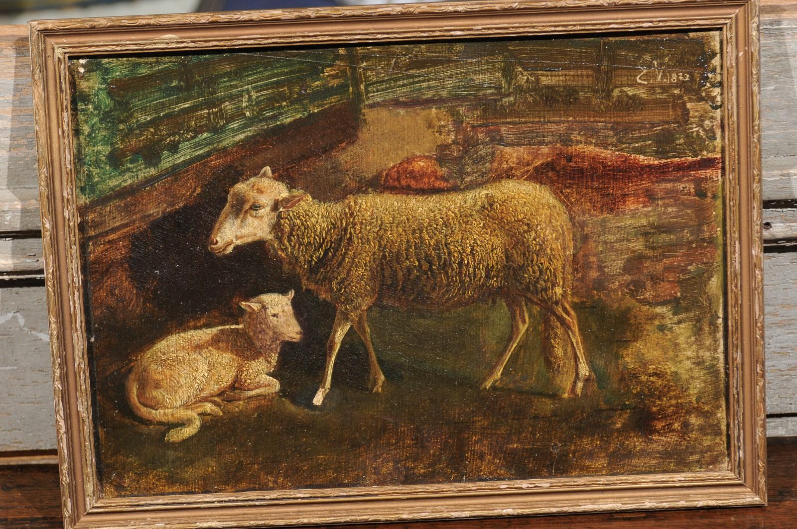 Italian Framed Oil on Panel of a Sheep and Her Lamp, Signed, 