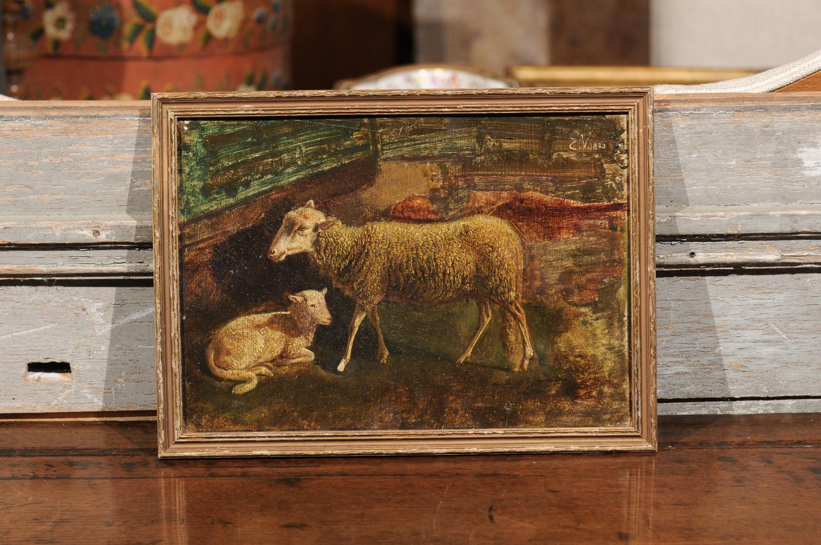 An early 19th century Italian framed oil on panel painting depicting a sheep with her lamp, signed and dated upper right side 