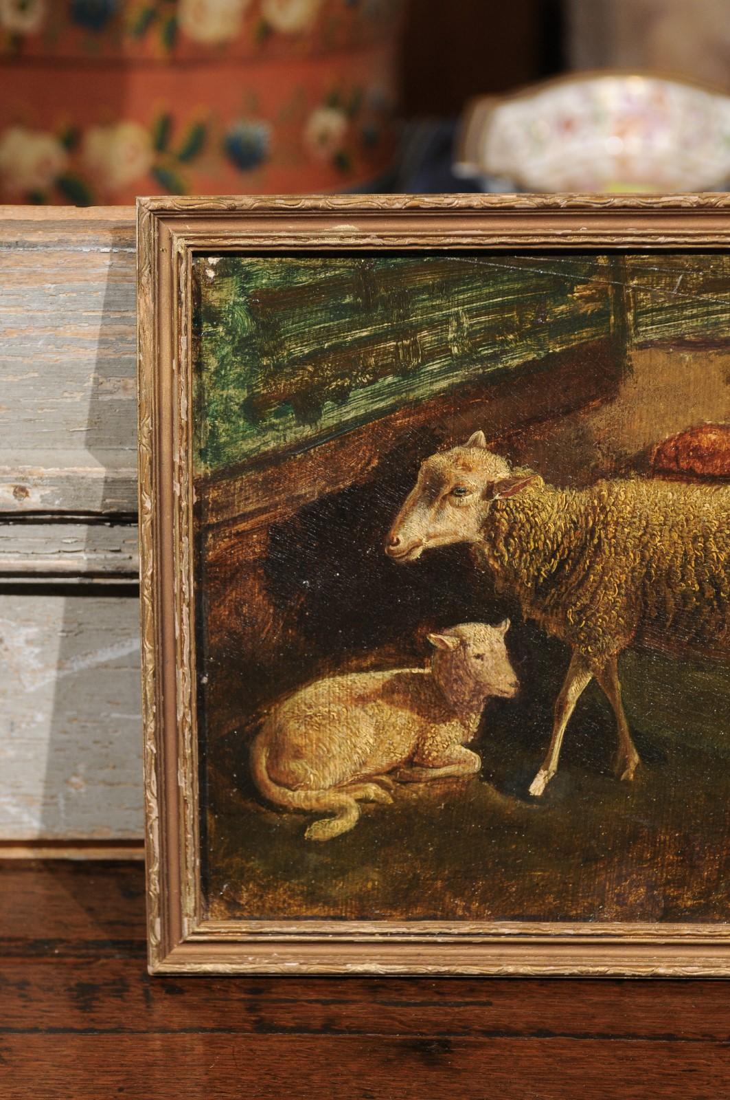 19th Century Italian Framed Oil on Panel of a Sheep and Her Lamp, Signed, 