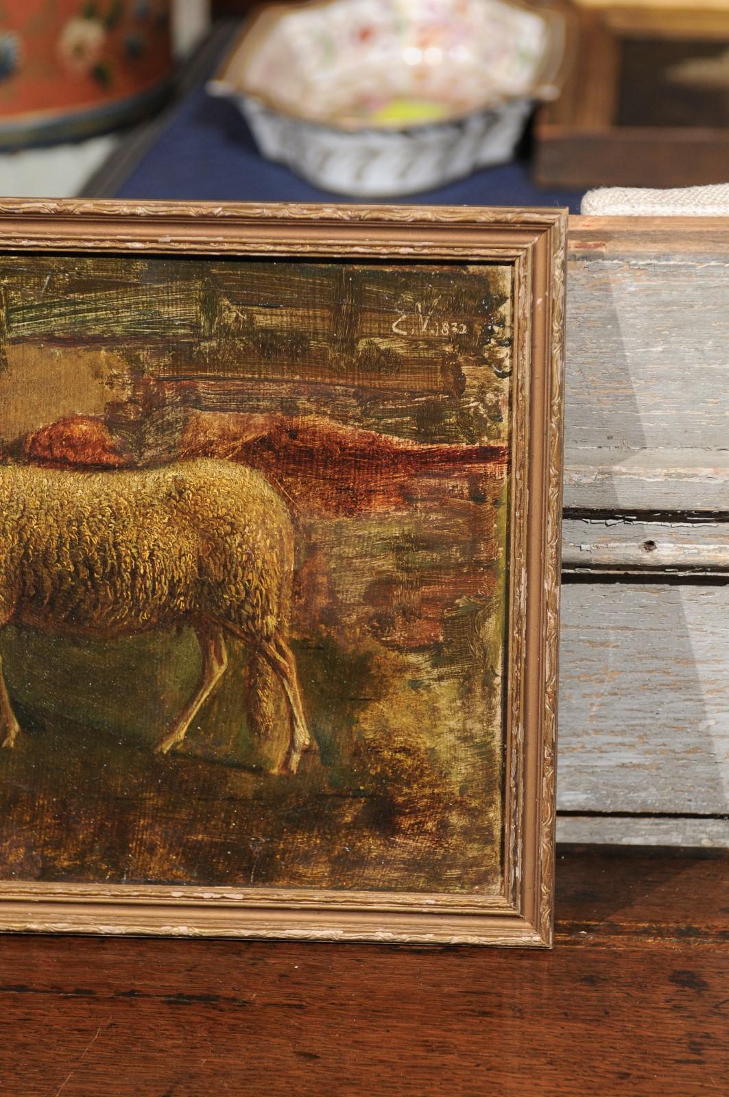 Paint Italian Framed Oil on Panel of a Sheep and Her Lamp, Signed, 