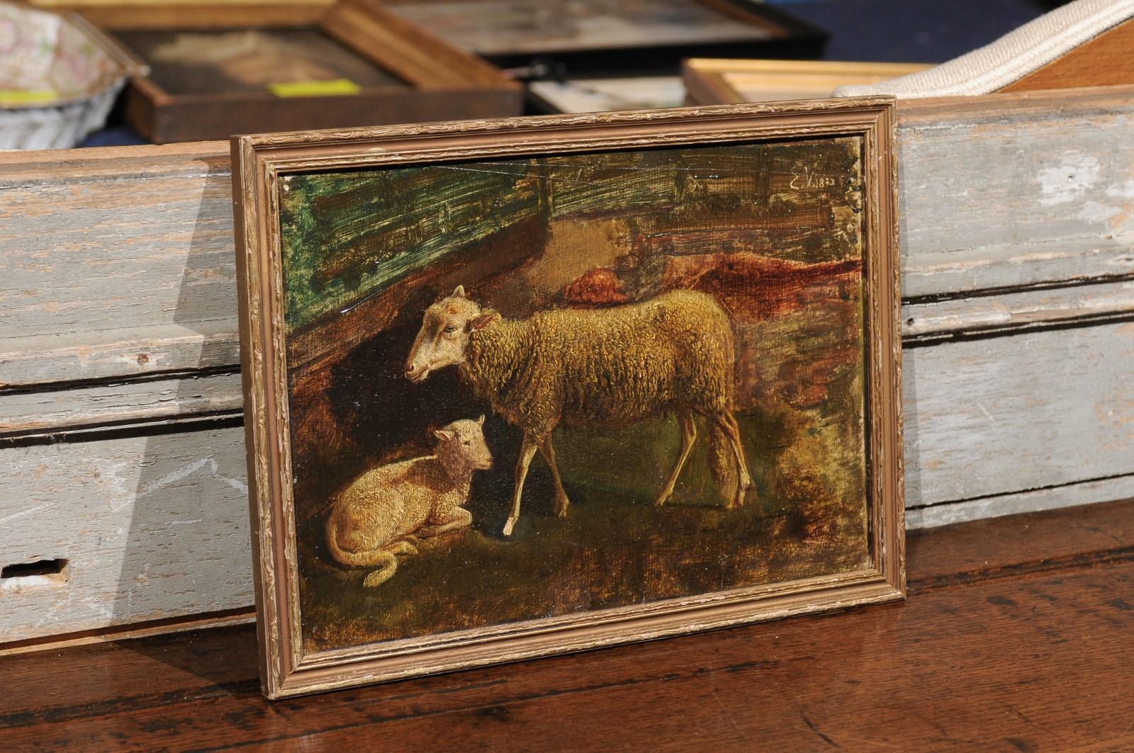 Italian Framed Oil on Panel of a Sheep and Her Lamp, Signed, 