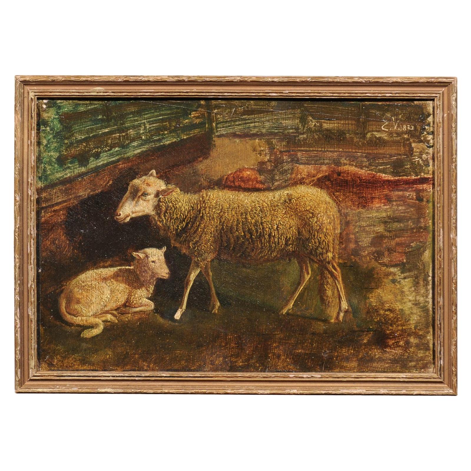 Italian Framed Oil on Panel of a Sheep and Her Lamp, Signed, "EV, 1830"