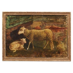 Antique Italian Framed Oil on Panel of a Sheep and Her Lamp, Signed, "EV, 1830"