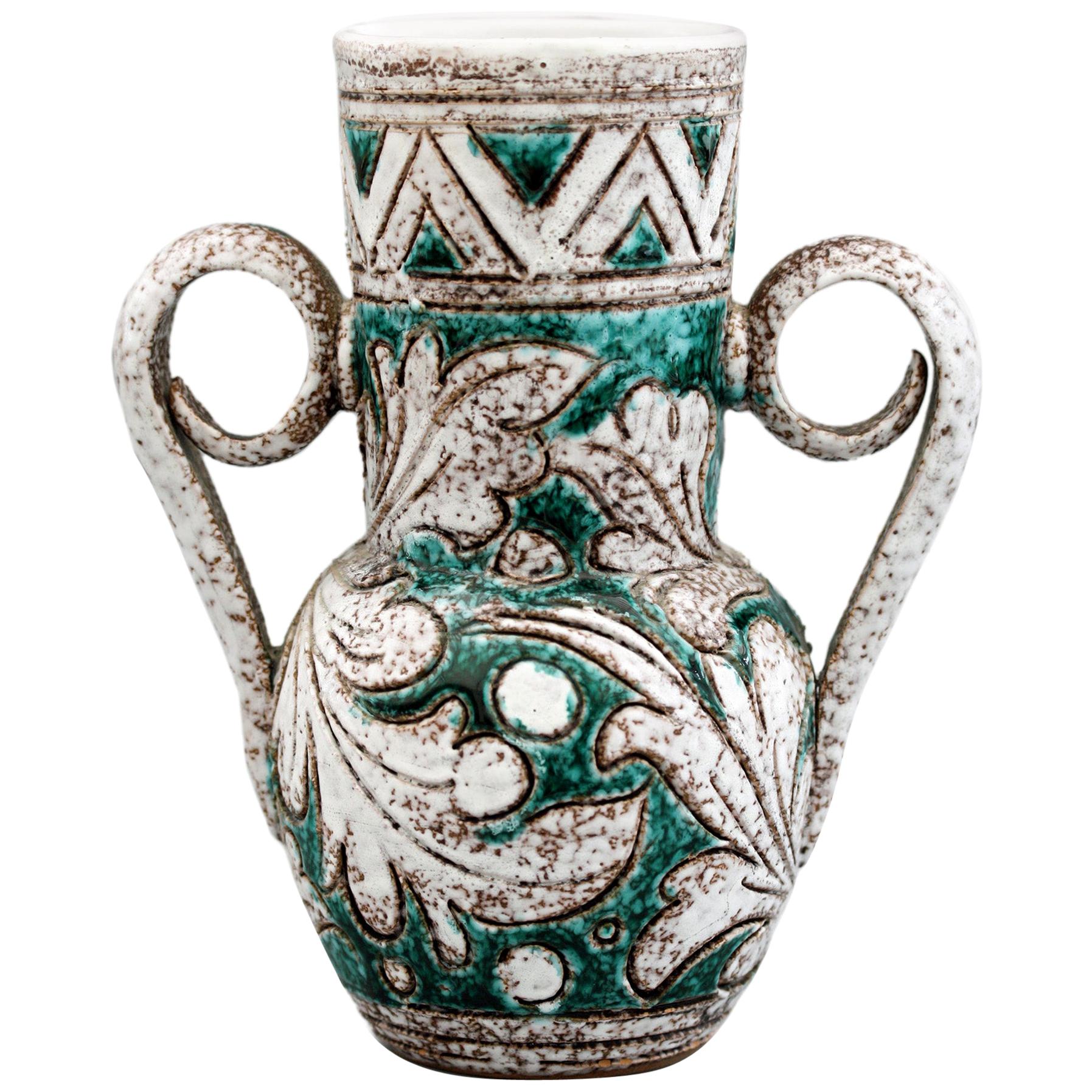 Italian Fratelli Fanciullacci Attributed Mid Century Art Pottery Sgraffito Vase For Sale