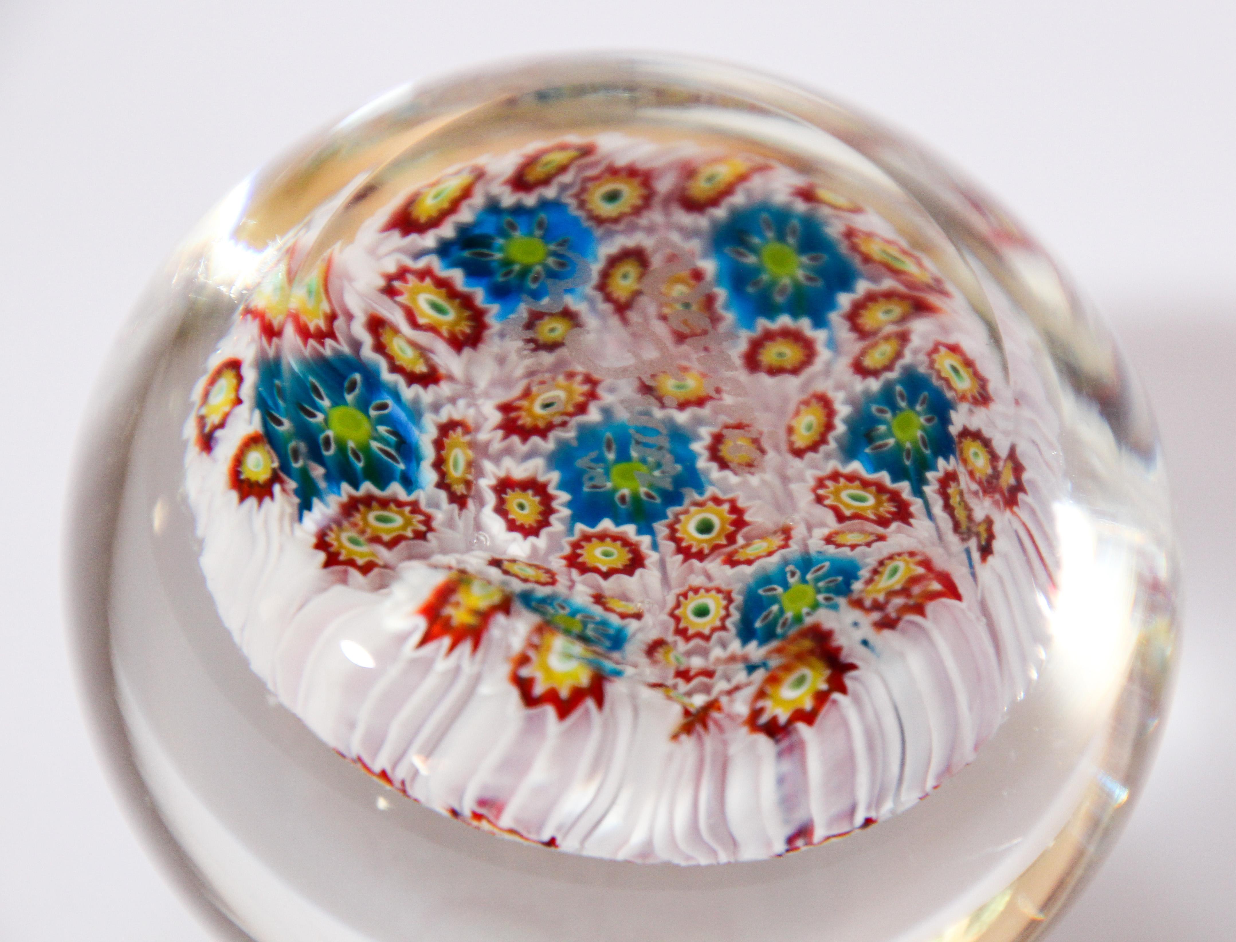 Etched Italian Vetreria Murano Venini Art Glass Millefiori Collectable Paperweight