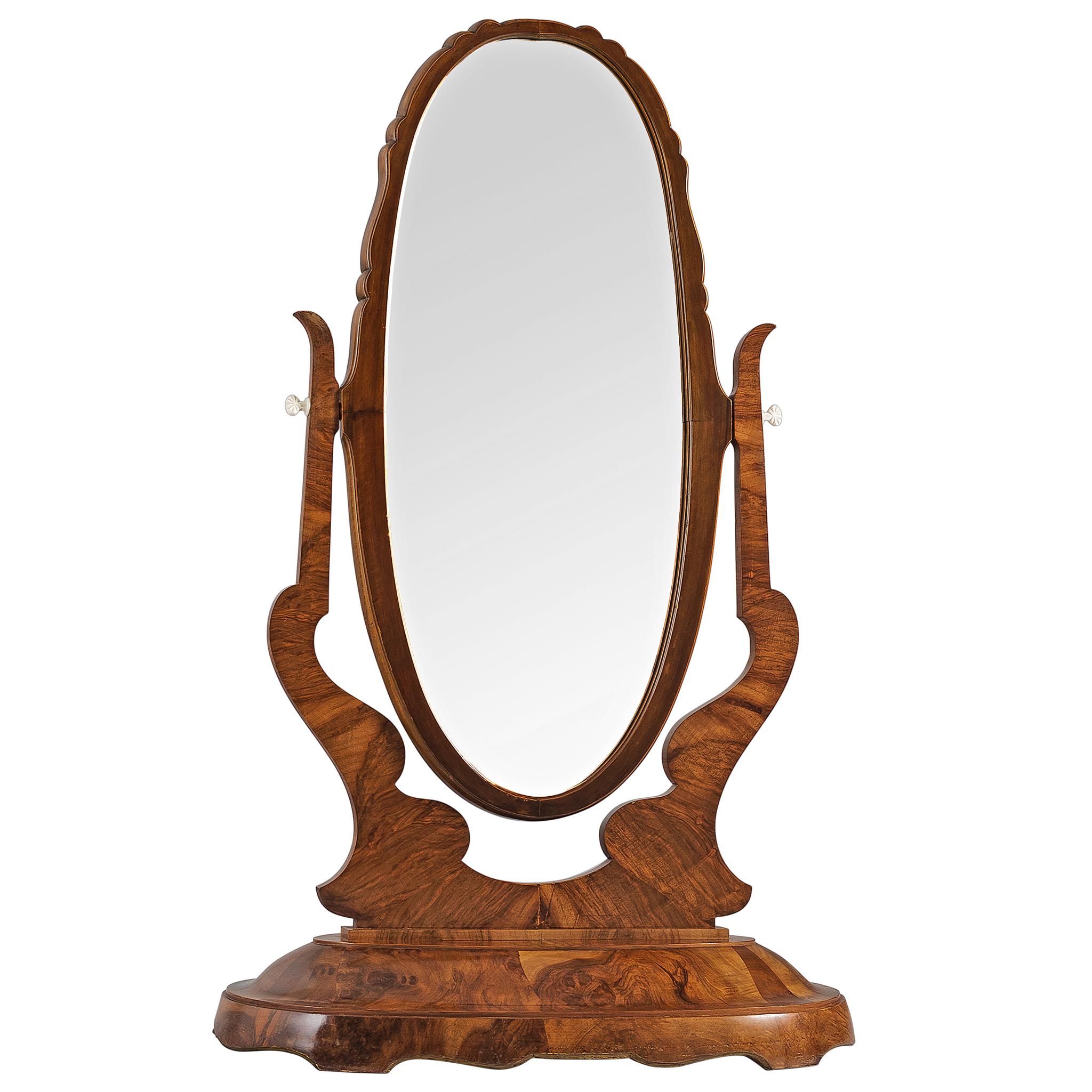 Italian Large Free-Standing Art Deco Mirror in Walnut Burl