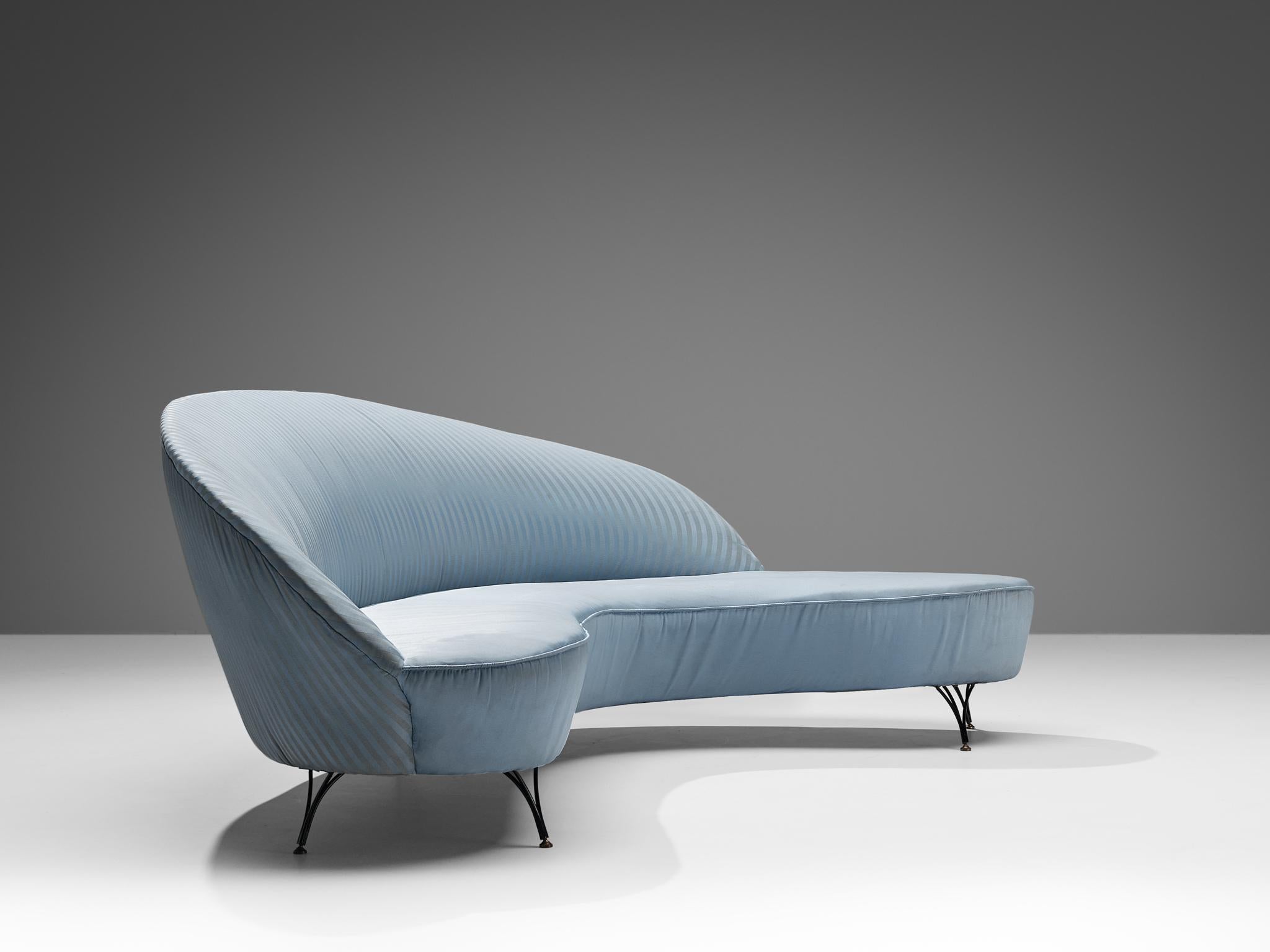 Brass Italian Freeform Curved Sofa in Light Blue Upholstery For Sale