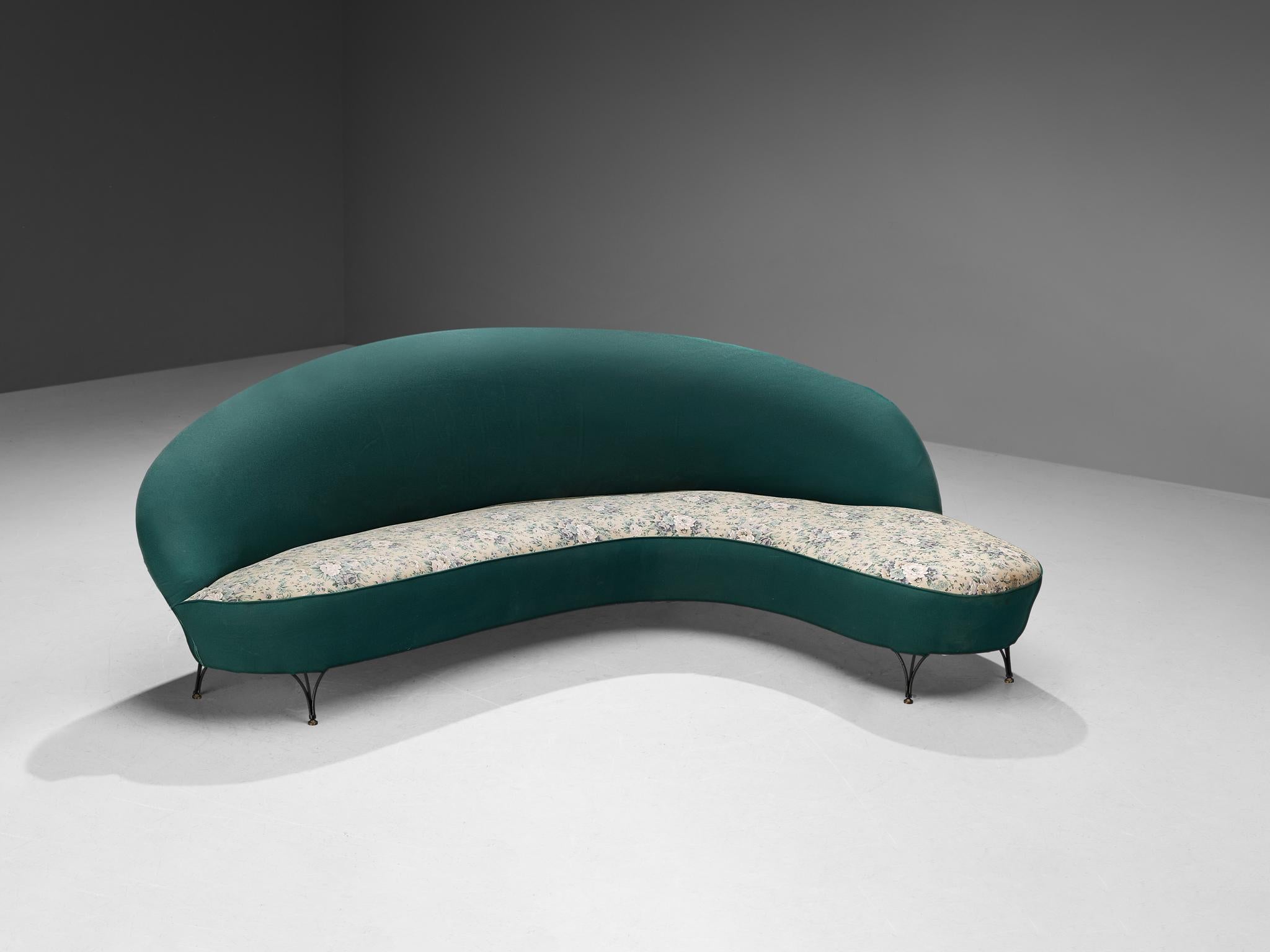 Mid-Century Modern Italian Freeform Curved Sofa in Green Upholstery