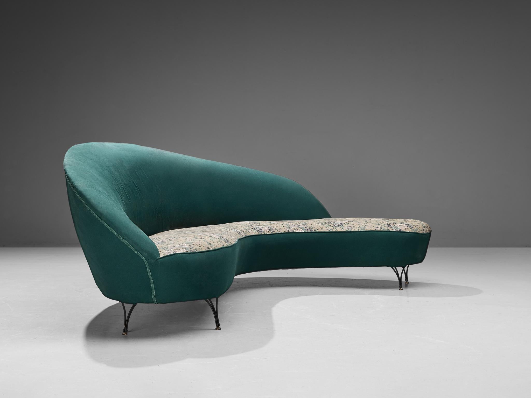 Metal Italian Freeform Curved Sofa in Green Upholstery