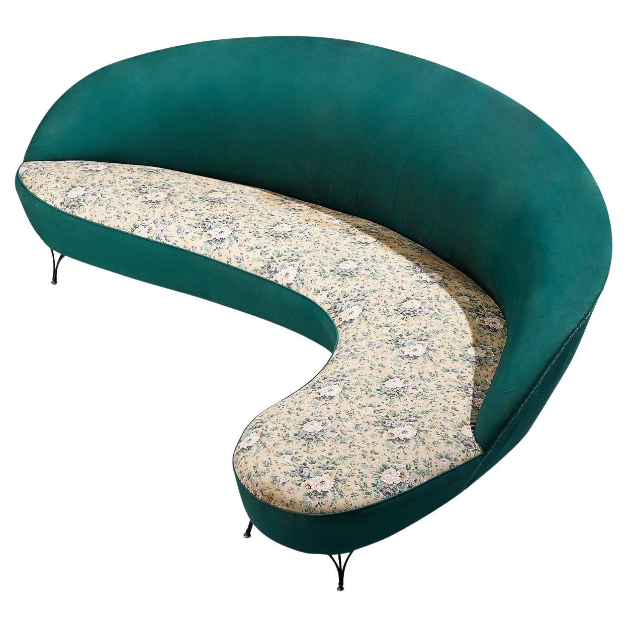 Italian Freeform Curved Sofa in Green Upholstery