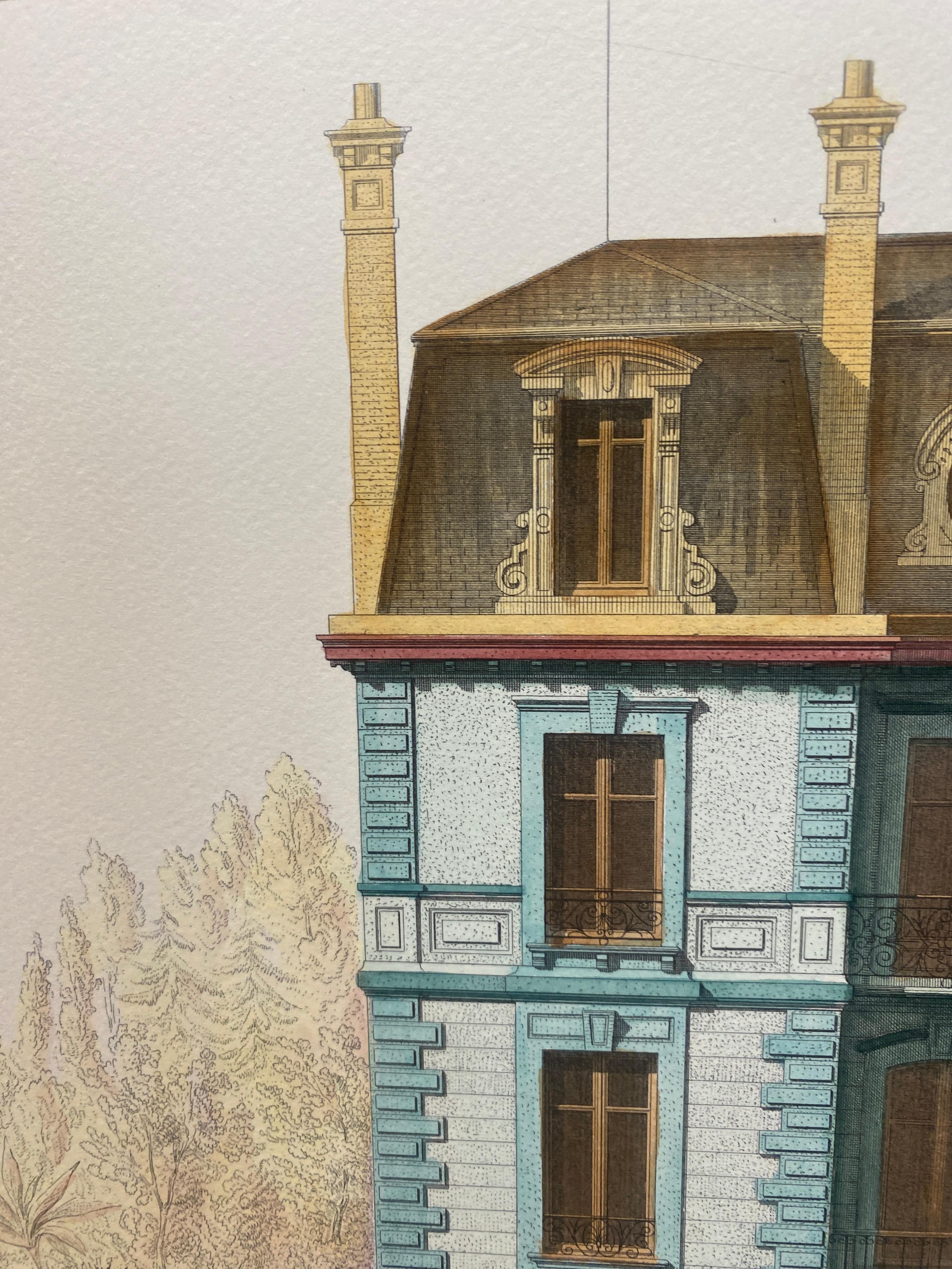 Paper Italian French Architecture Priveè by Cesar Daly Hand Painted Print 1 of 2 For Sale