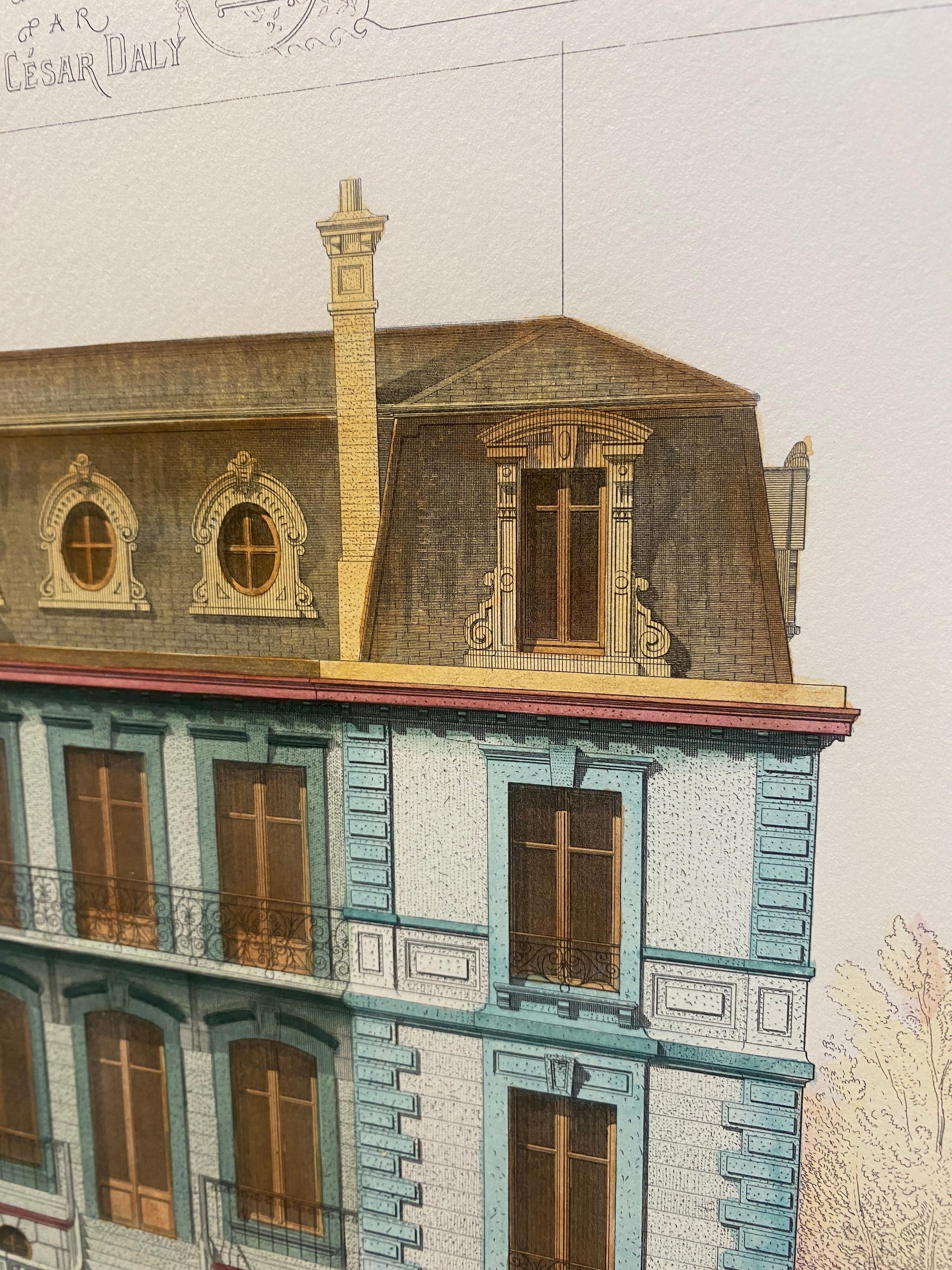 Italian French Architecture Priveè by Cesar Daly Hand Painted Print 1 of 2 For Sale 1