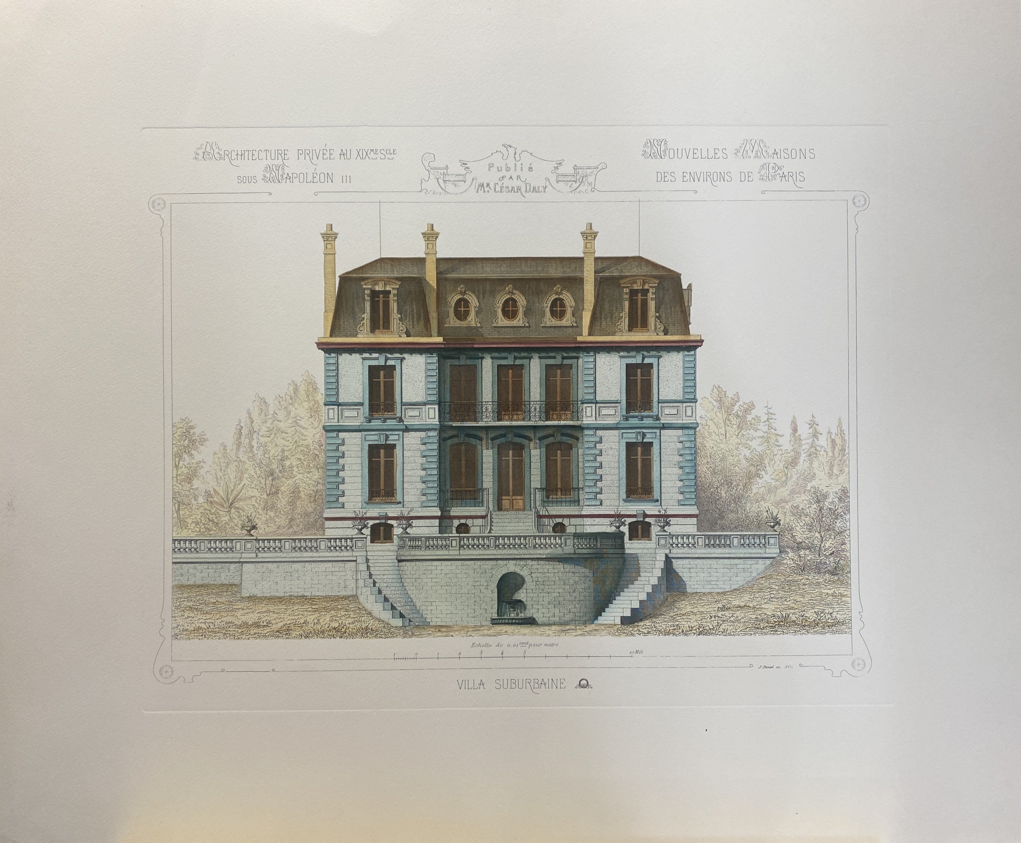 Eleganter und raffinierter Druck, der die französische  private Architektur, genauer gesagt, der Entwurf einer Vorstadtvilla aus dem 19. Jahrhundert unter Napoleon III. von Casar Daly. Zusammen mit anderen Drucken gehört es zur Sammlung