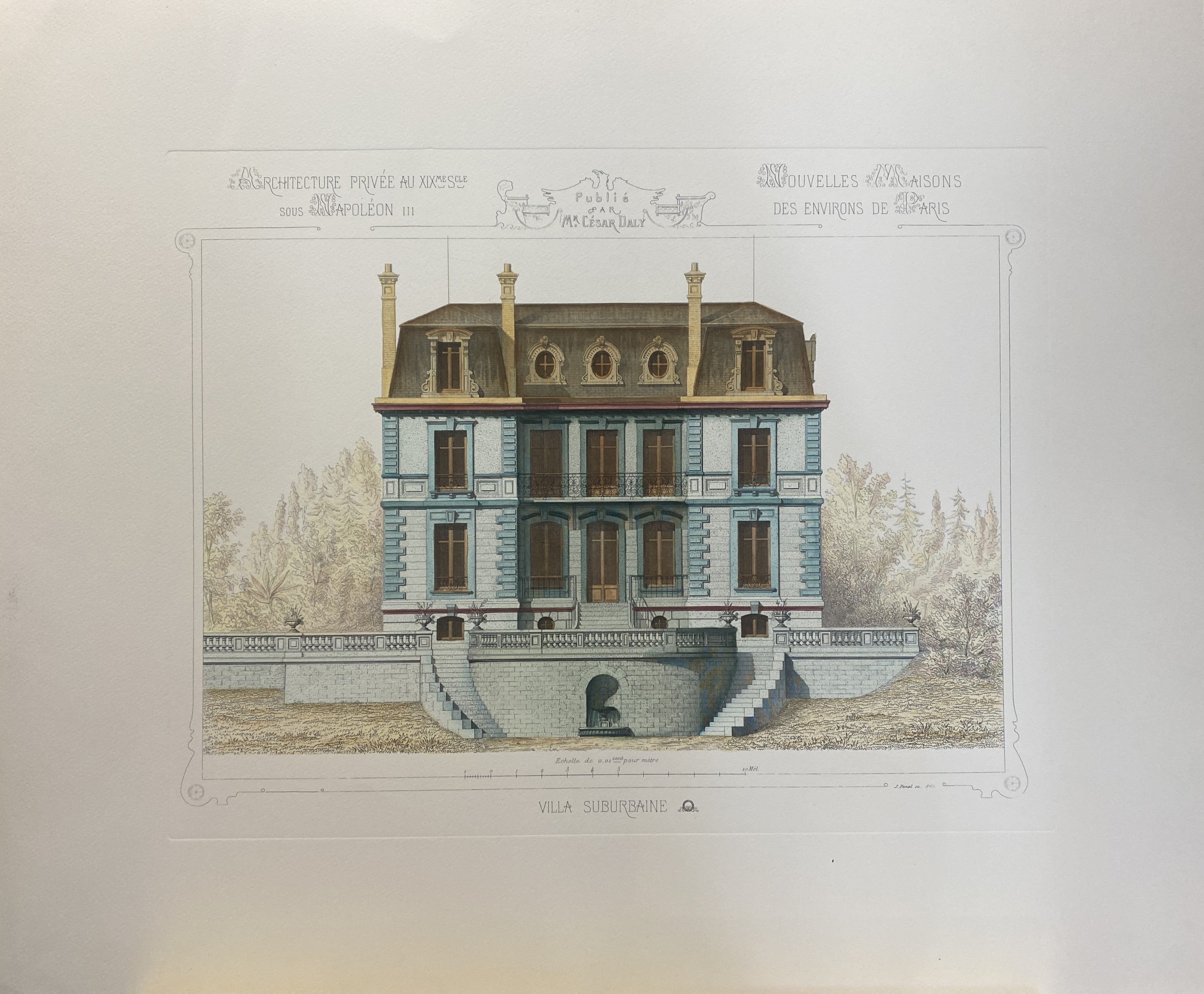 Estampado elegante y refinado que representa el francés  arquitectura privada y, precisamente, un diseño de una villa suburbana del siglo XIX bajo Napoleón III, obra de Casar Daly. Junto con otros grabados, pertenece a la colección 