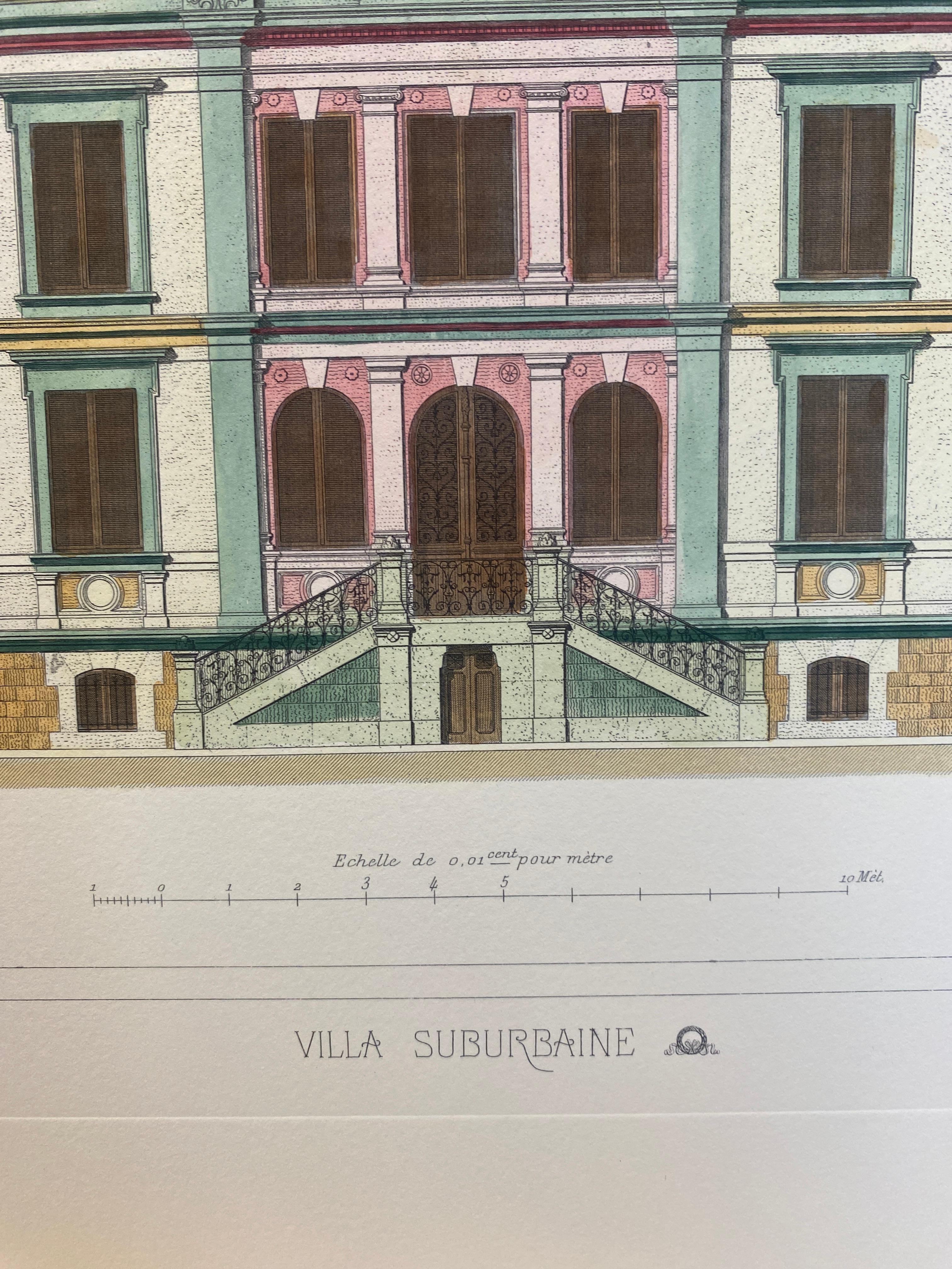 Paper Italian French Architecture Priveè by Cesar Daly Hand Painted Print 2 of 2 For Sale