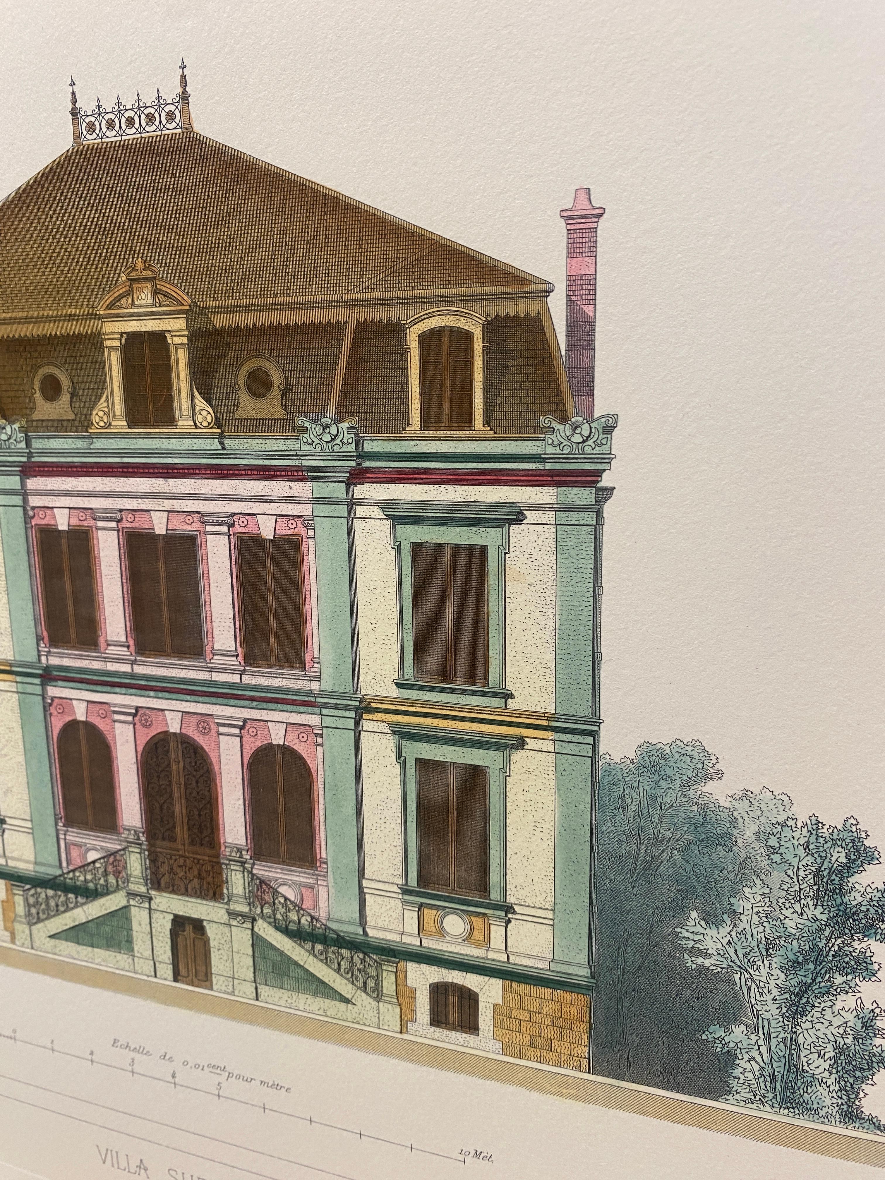 Italian French Architecture Priveè by Cesar Daly Hand Painted Print 2 of 2 For Sale 2