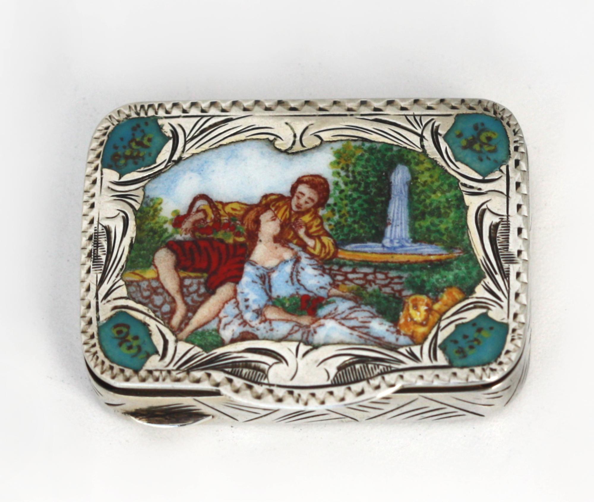 
Italian/French Enamel and Silver Snuff Box.
Late 19th Century, the interior lid impressed 22, no other visible marks. The rectangular hinged box with an interior gilt wash, the lid reserved with enamel depicting an amours couple before a fountain