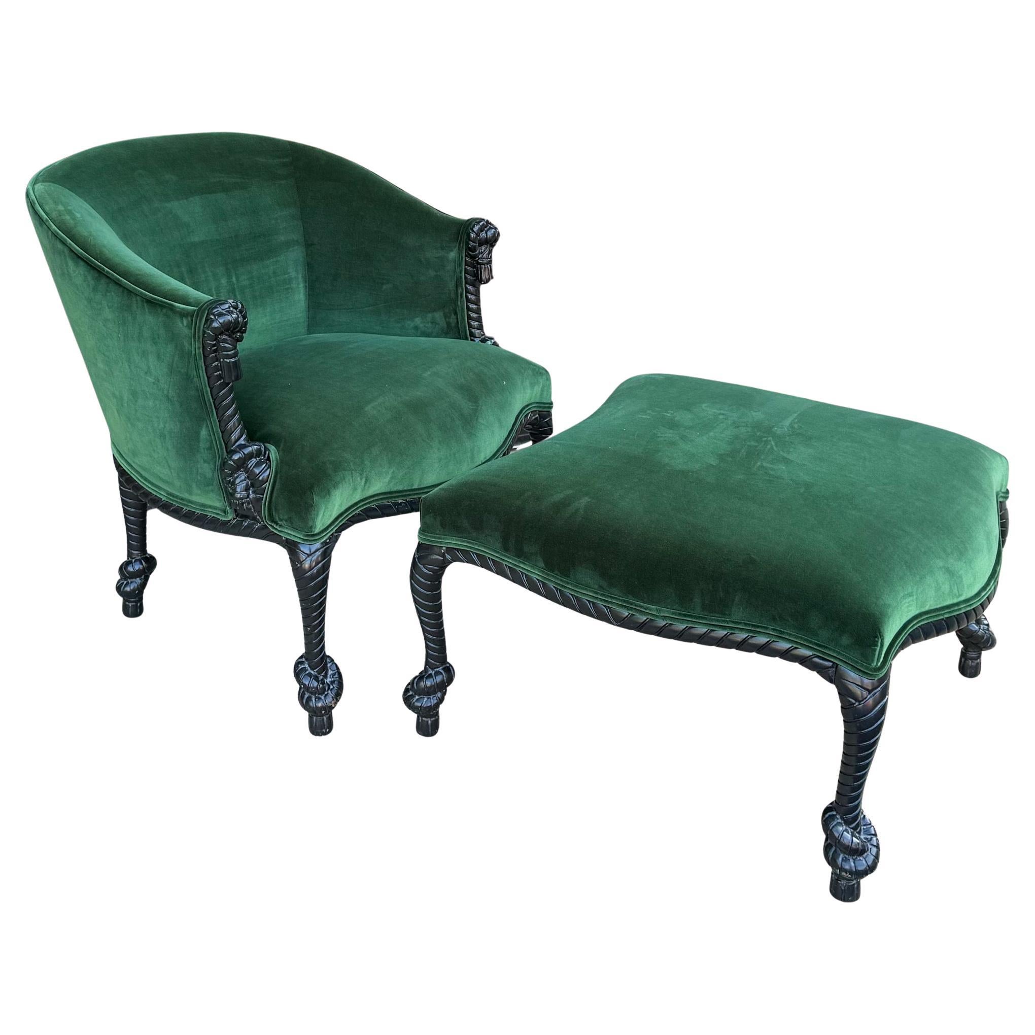 Italian French Napoleonic Style Carved Rope Chair & Ottoman In Green Velvet  S/2