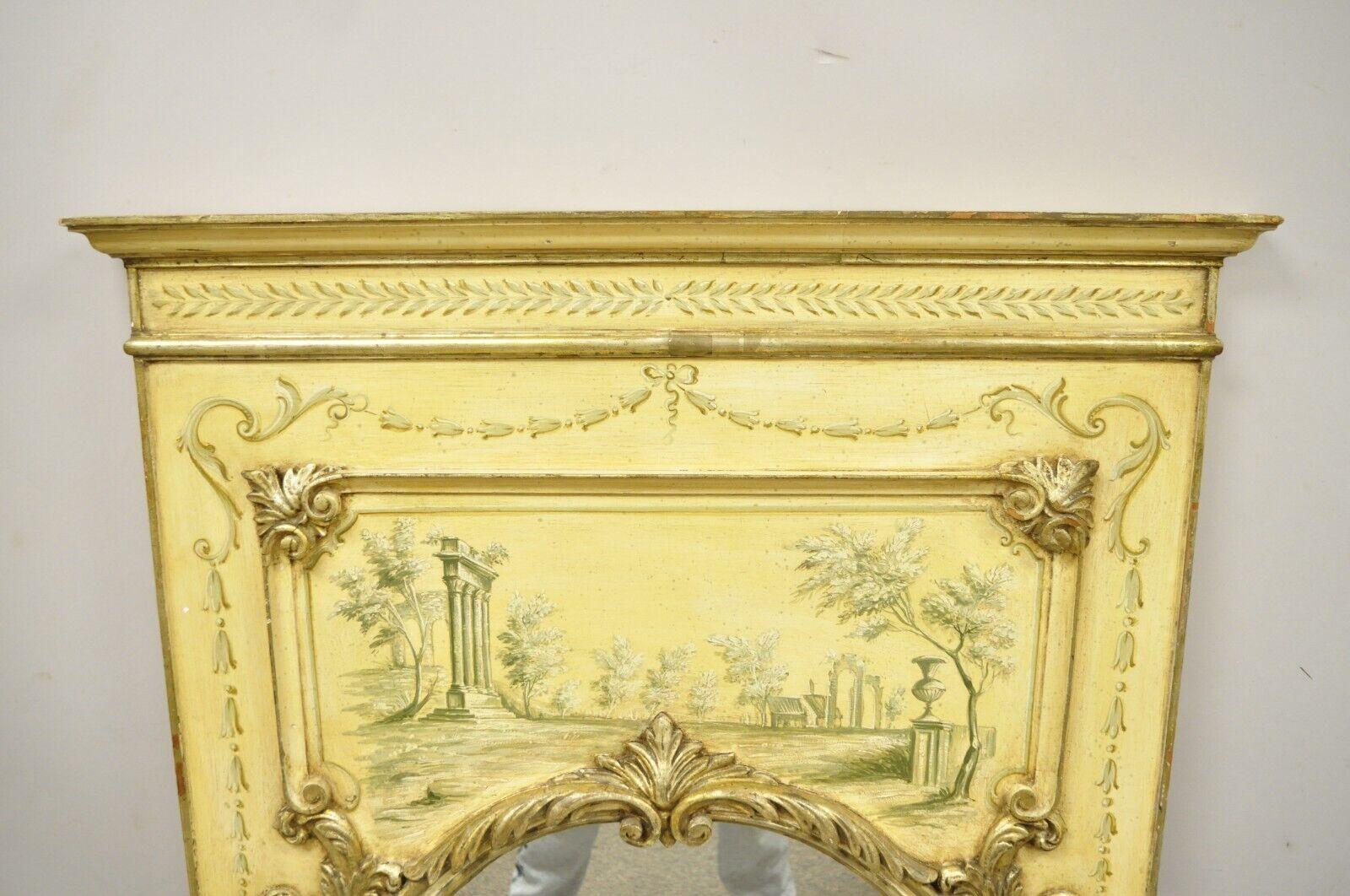 Italian French Provincial Giltwood Handpainted Trumeau Console Hall Mirror In Good Condition For Sale In Philadelphia, PA