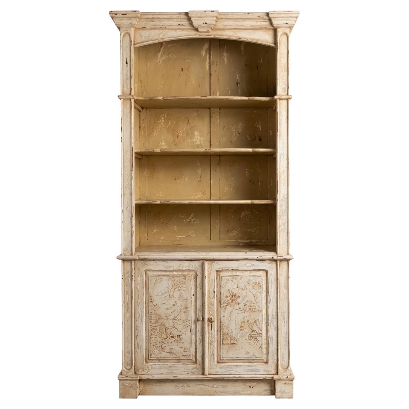 Italian French Style Rustic Chinoiserie Bookcase Cabinet W/ Landscape Panels