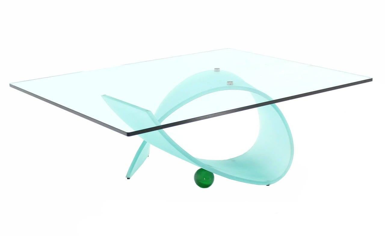 Italian Frosted Glass Ribbon Base Square Glass Top Rectangle Coffee Table MINT! For Sale 2