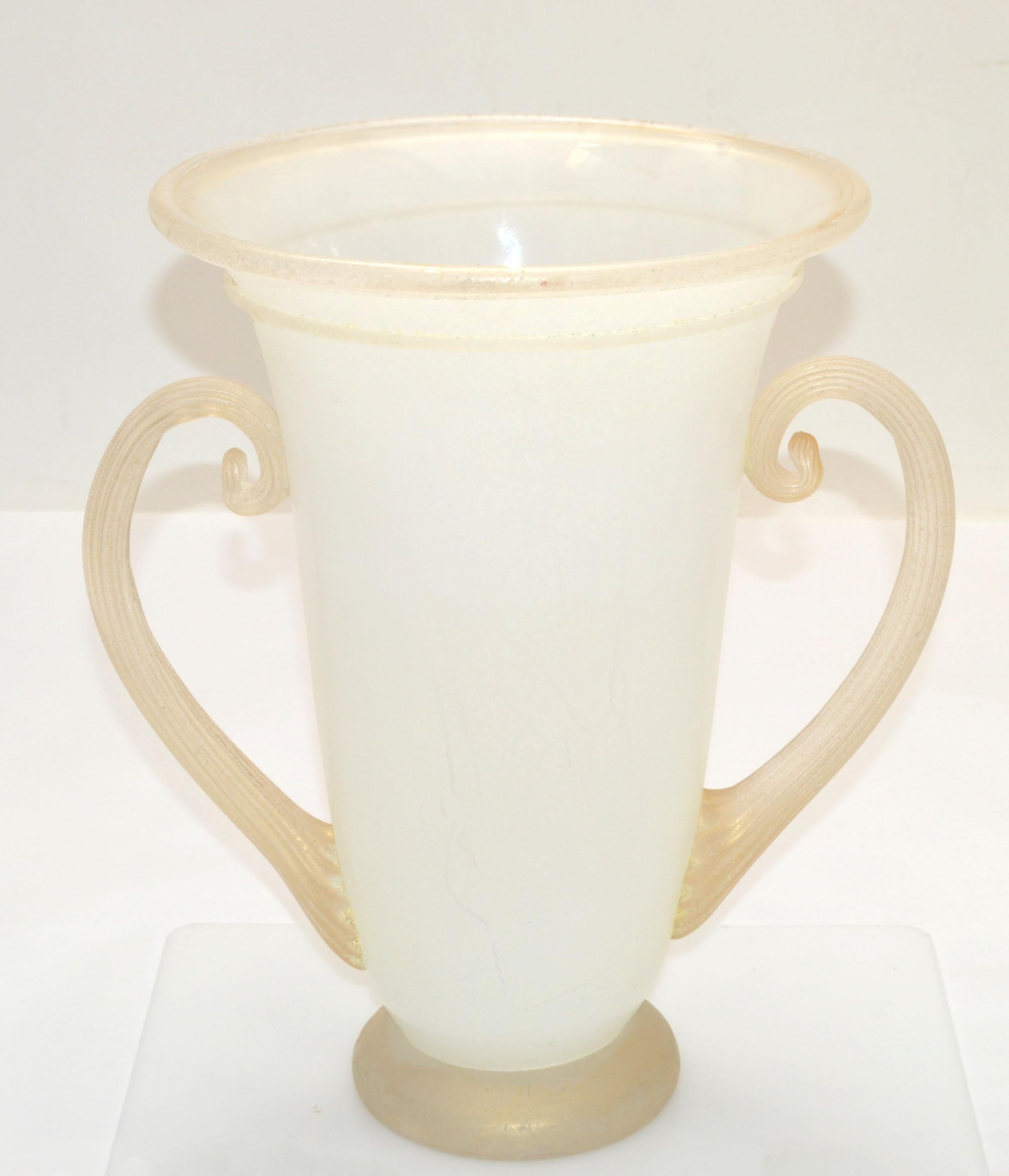 Italian Frosted & Infused Gold Scavo Glass Urn Vase, Vessel Handles Italy 1980 For Sale 8