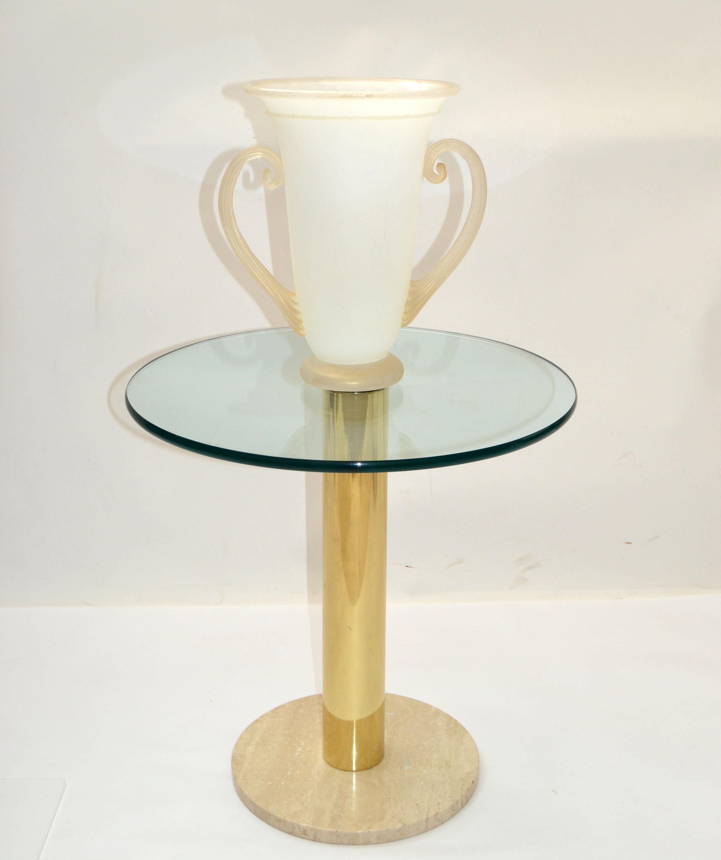 Frosted & infused Gold scavo glass Murano Art glass urn vase, vessel, decanter Mid-Century Modern made in Italy in 1980.
Diameter of the opening is 9 inches.
The decorative Handles are very practical as well as beautifully crafted.