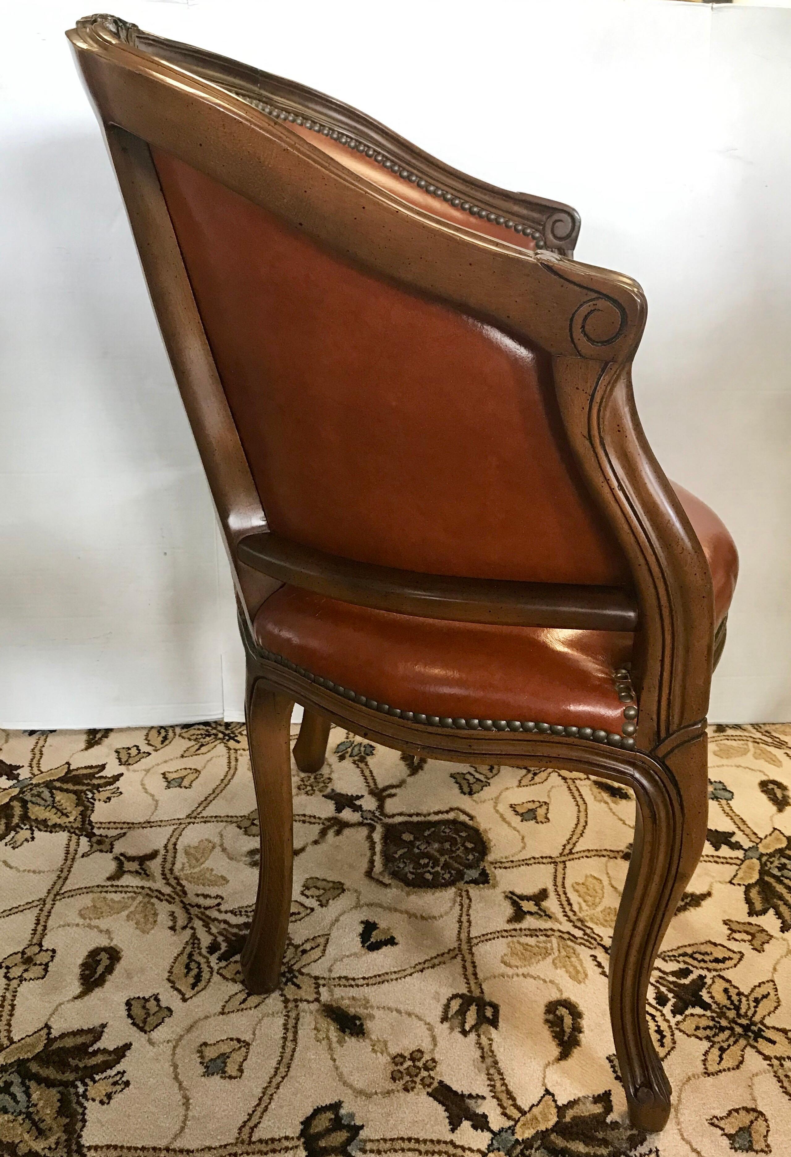 Late 20th Century Italian Fruitwood Game Dining Table with Four Barrel Back Brown Leather Chairs