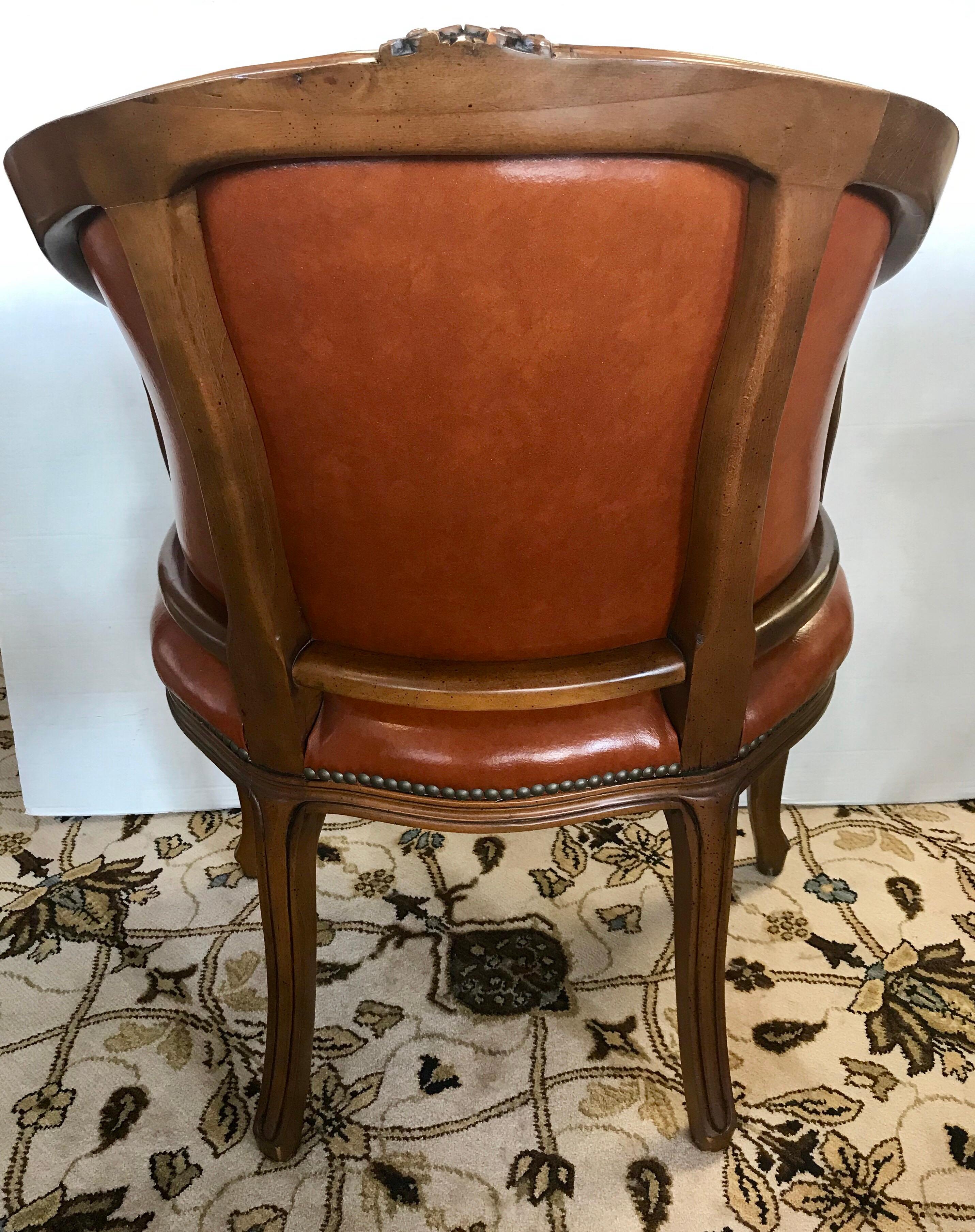 Italian Fruitwood Game Dining Table with Four Barrel Back Brown Leather Chairs 2