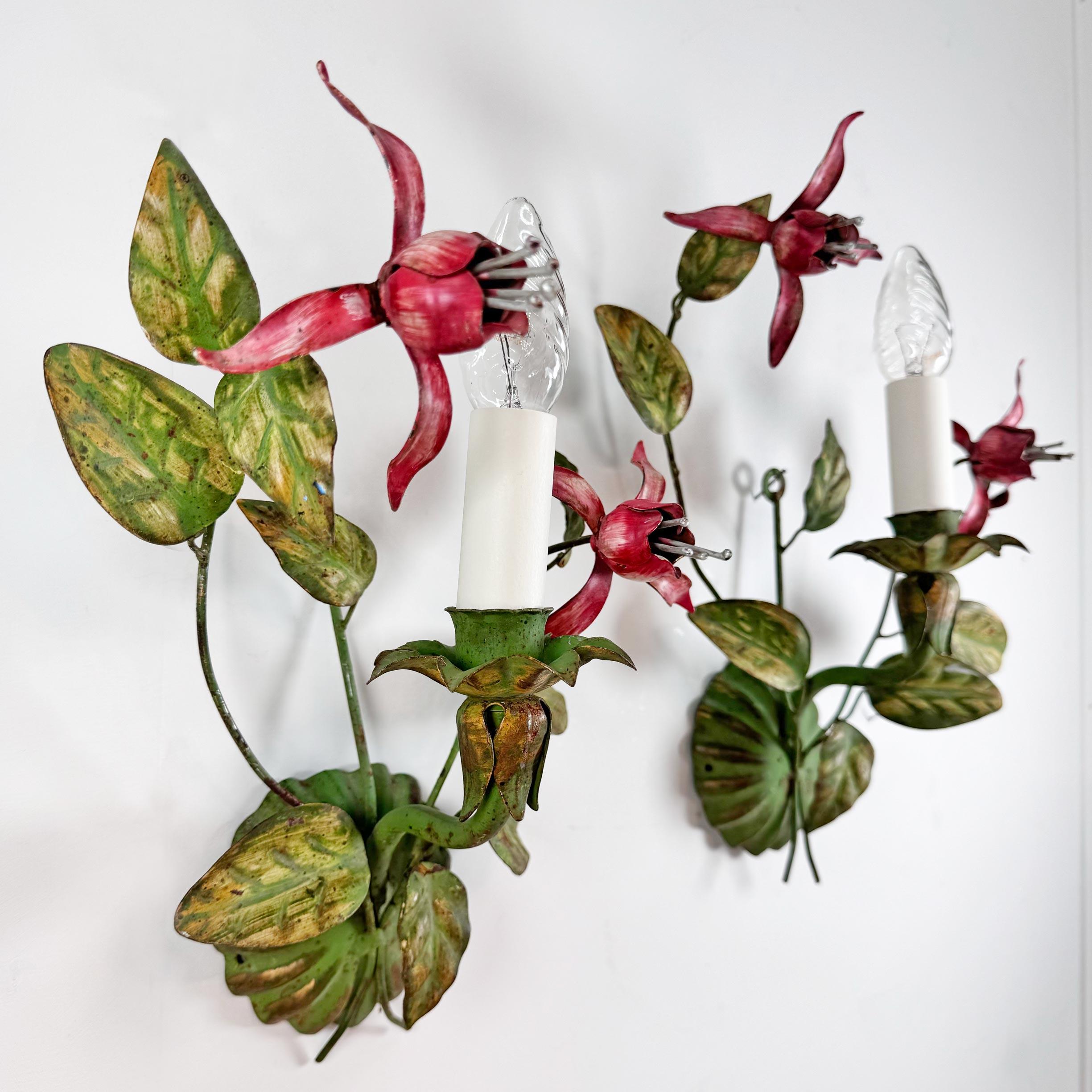 Hand-Crafted Italian Fuchsia Flower Wall Sconces For Sale